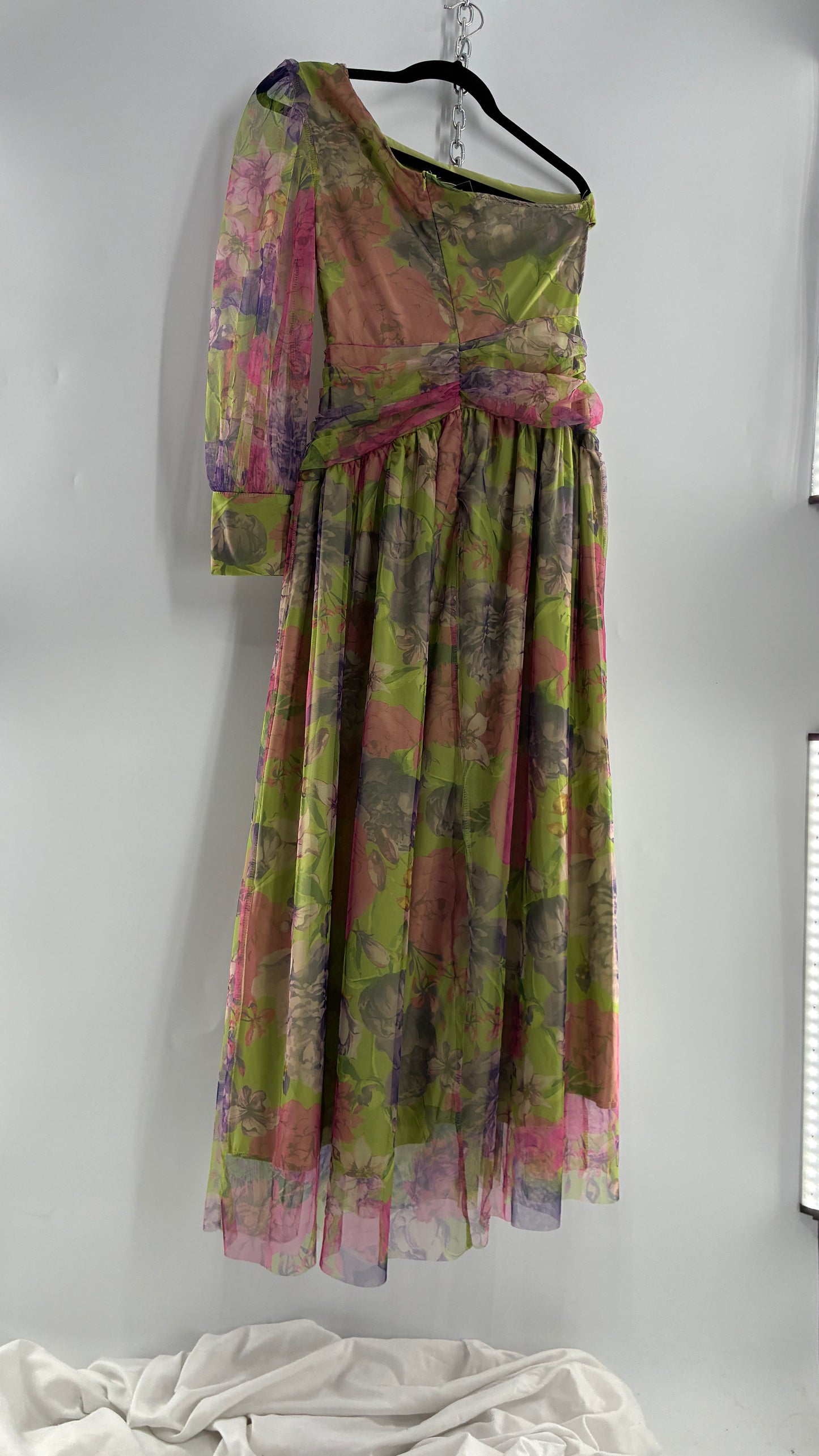 Vintage Open Waist Gown with Oversized Feathered Appliqué Rosette (Large)