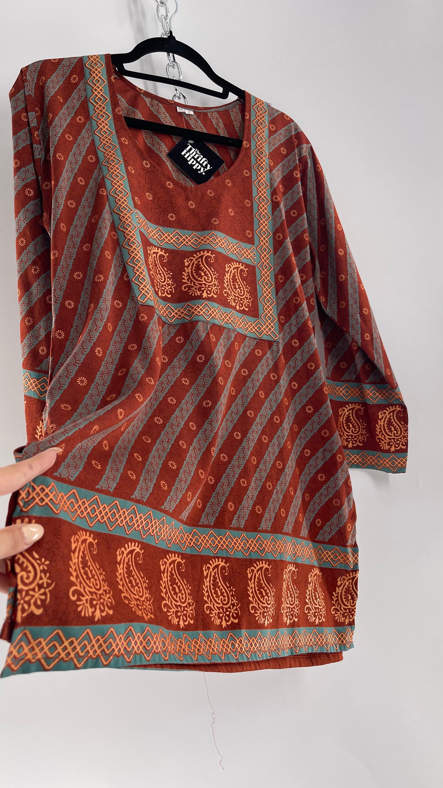 Vintage 1970s Indian 100% Silk Tunic Burnt Orange, Teal and Gold (40)