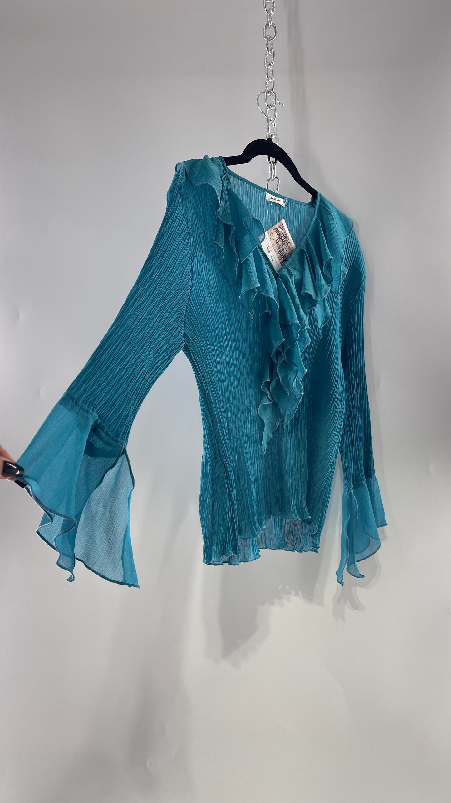 Vintage Jaipur Blue Crimped Blouse with Sheer Handkerchief Cuffs and Ruffled Neckline (Medium)