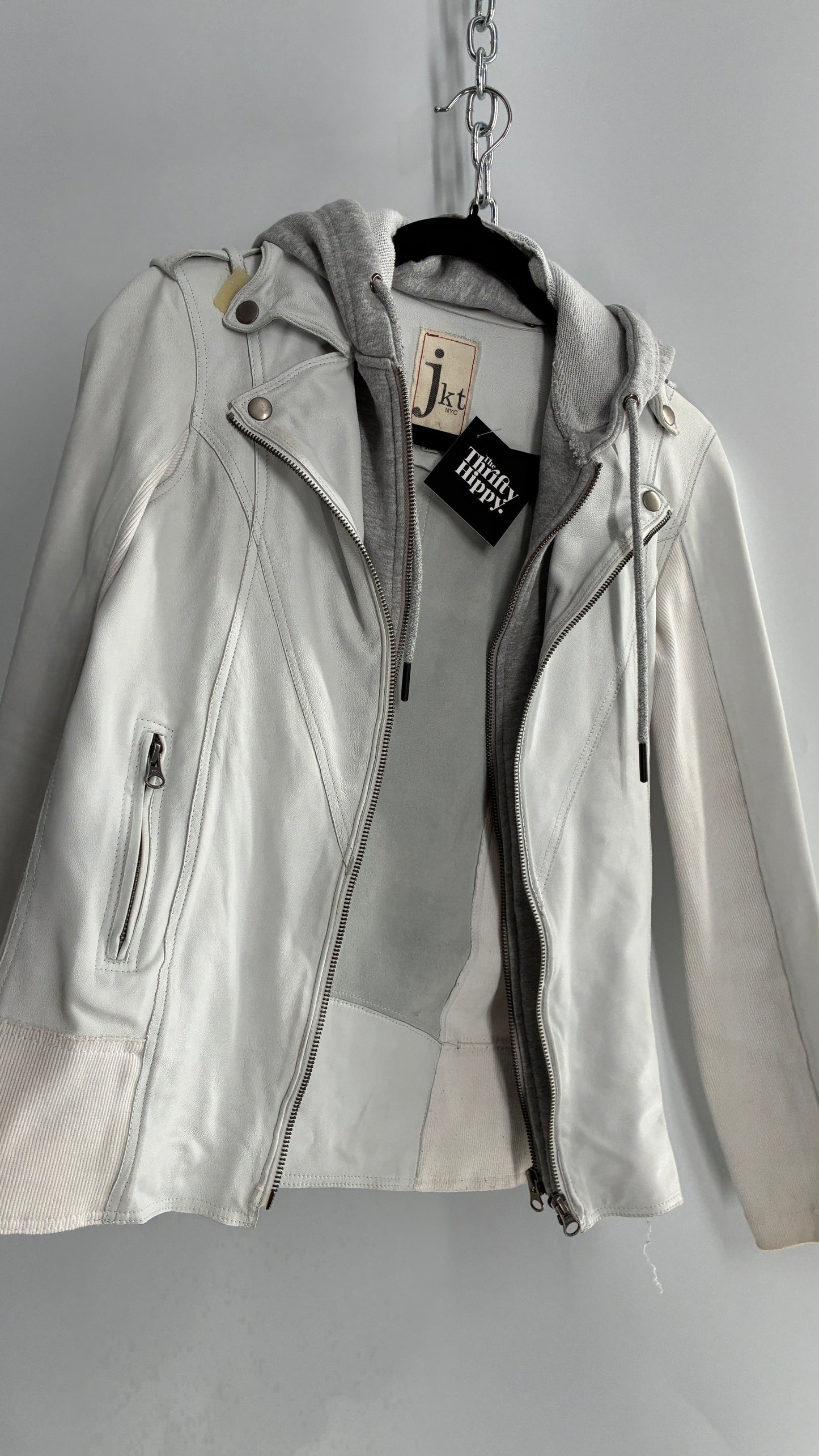 Jakett White Molly Burnished White Genuine Leather Double Layer Moto Jacket with Removable Grey Hoodie Insert (XS)