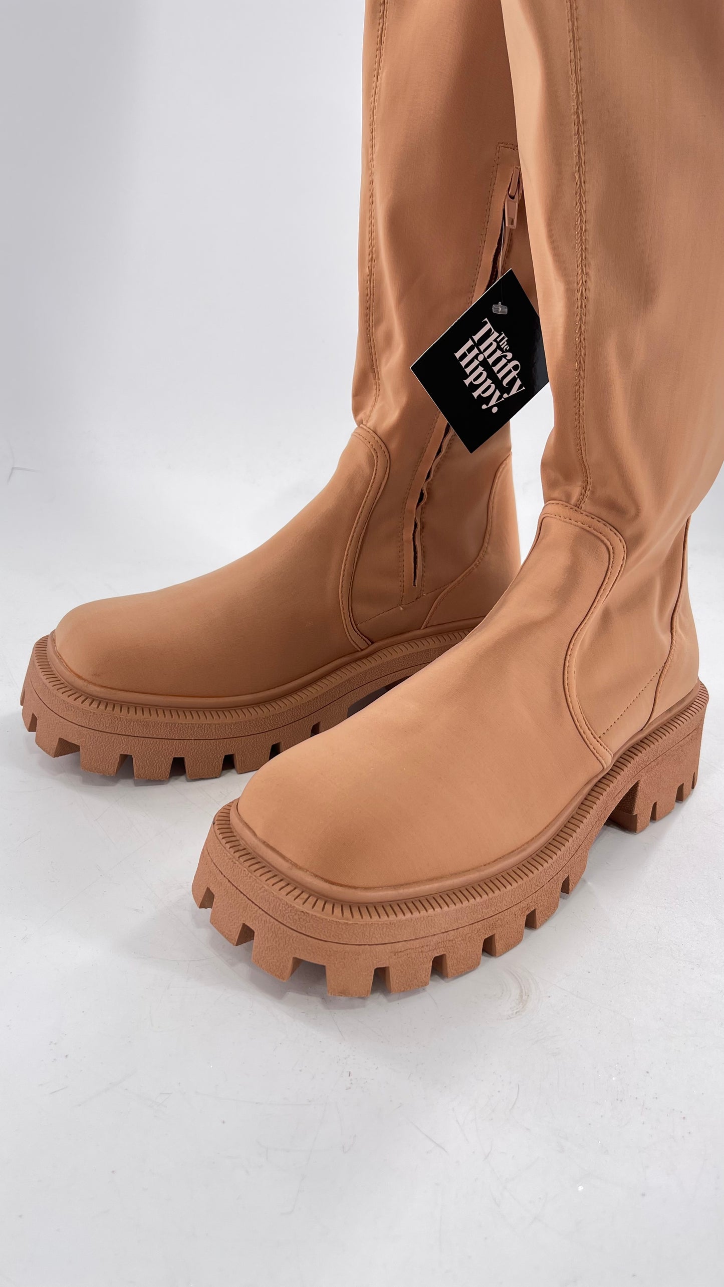 Urban Outfitters Tan Knee High Square Toe Sock Boot (8)