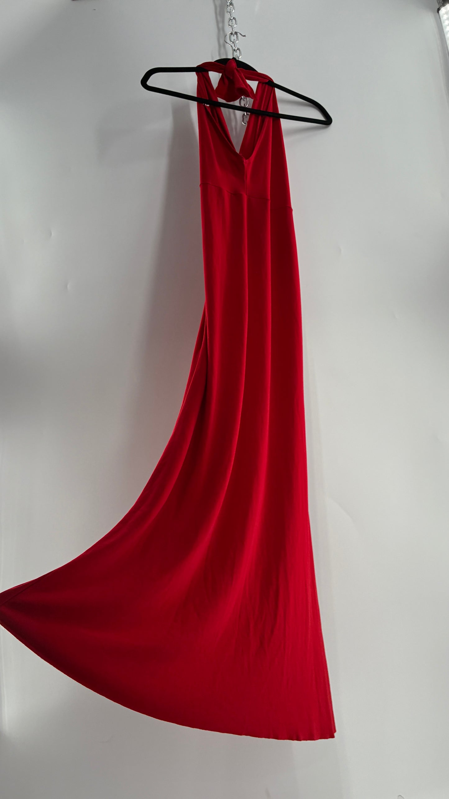 Vintage SYMPHONY Lycra Red Halter Full Length Dress with Sequin Bust Detail (Small)
