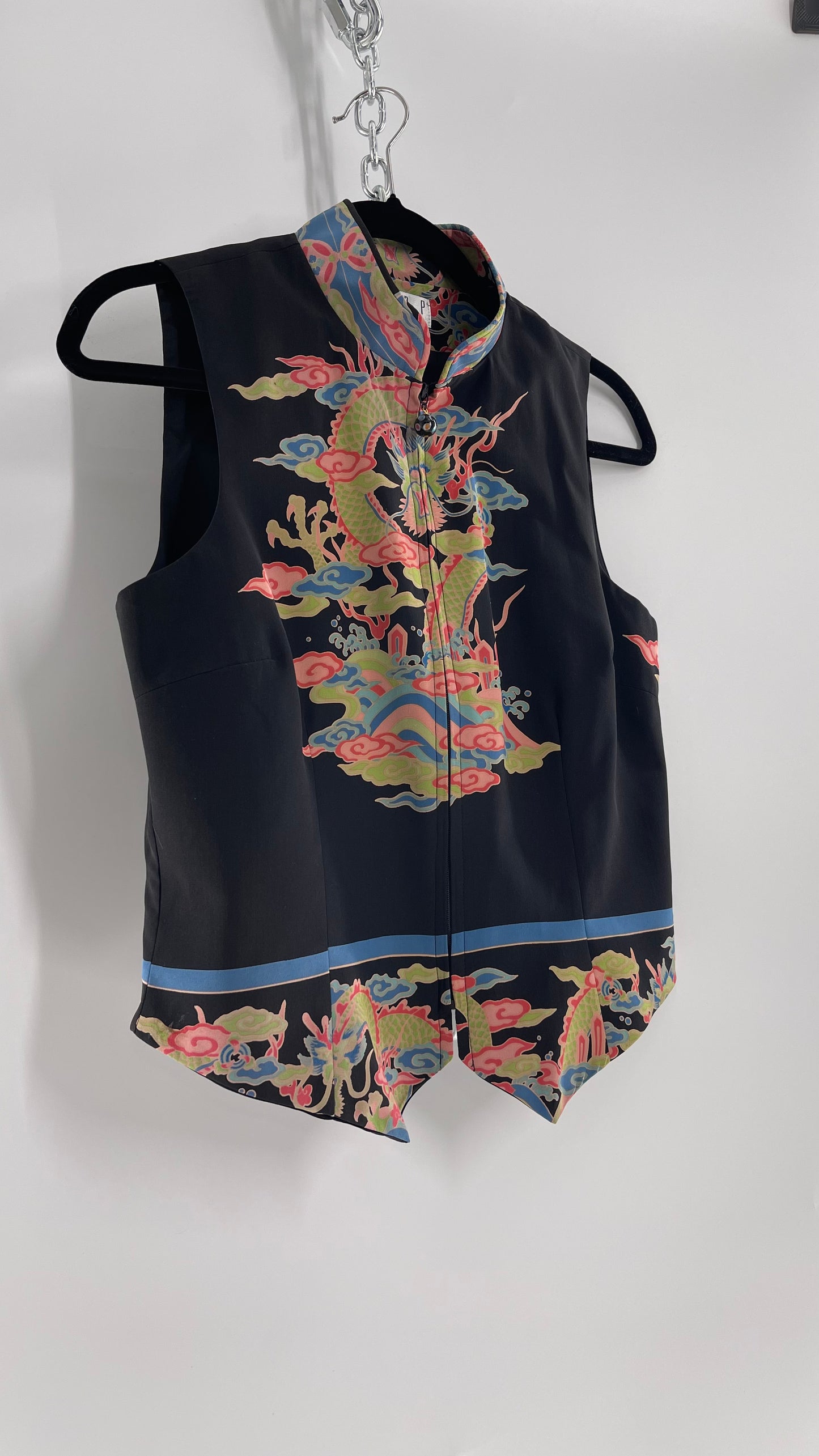 Vintage 1990s TAPP NEW YORK 100% Dragon Graphic Zip Front Crop Sleeveless Vest Top Silk (Medium)