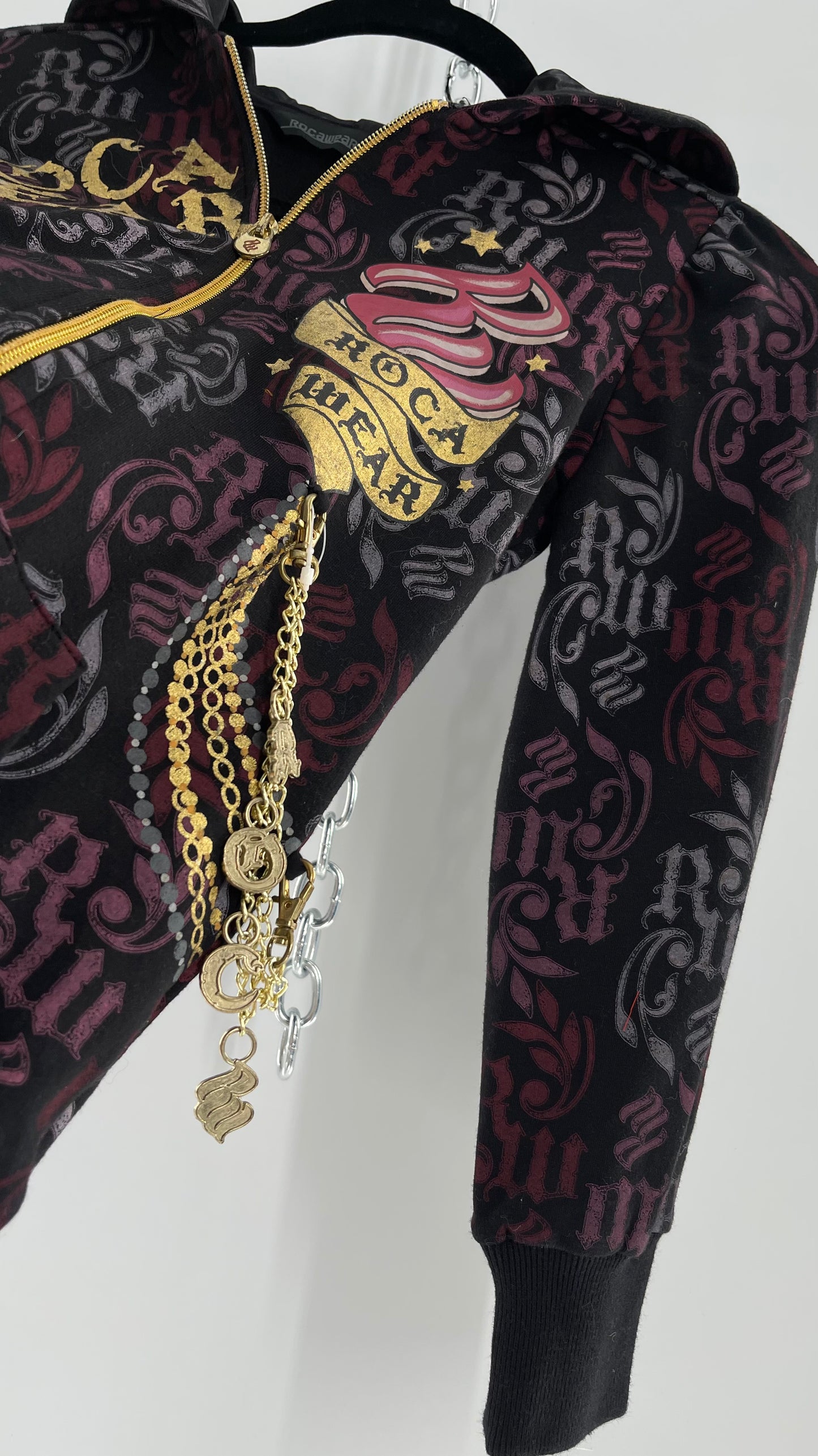 Vintage All Over Rocawear Logo Zip Up Hoodie with Gold Charm Chain and Silky Hood (XS/S)