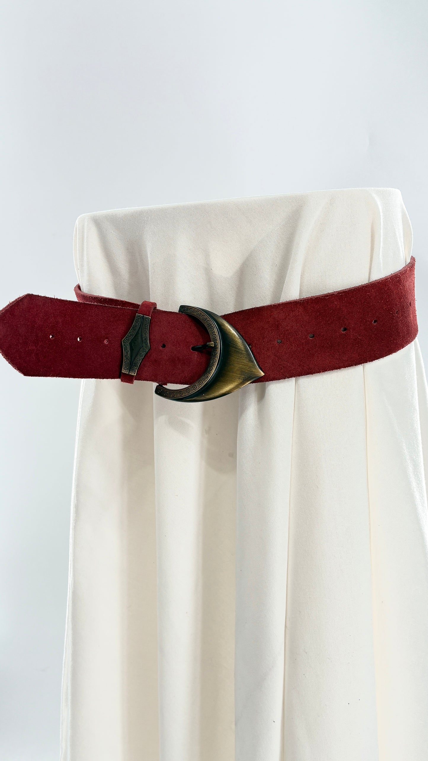 Genuine Suede Leather Maroon Red Belt w Oversized Engraved Buckle
