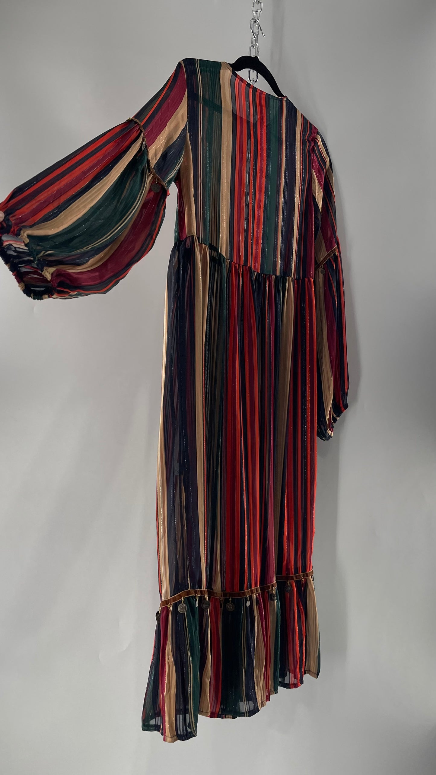 JAASE Striped MIDI Dress with Ruffled Hem, Coin Detailing, Dramatic Button Front Dress (XS)