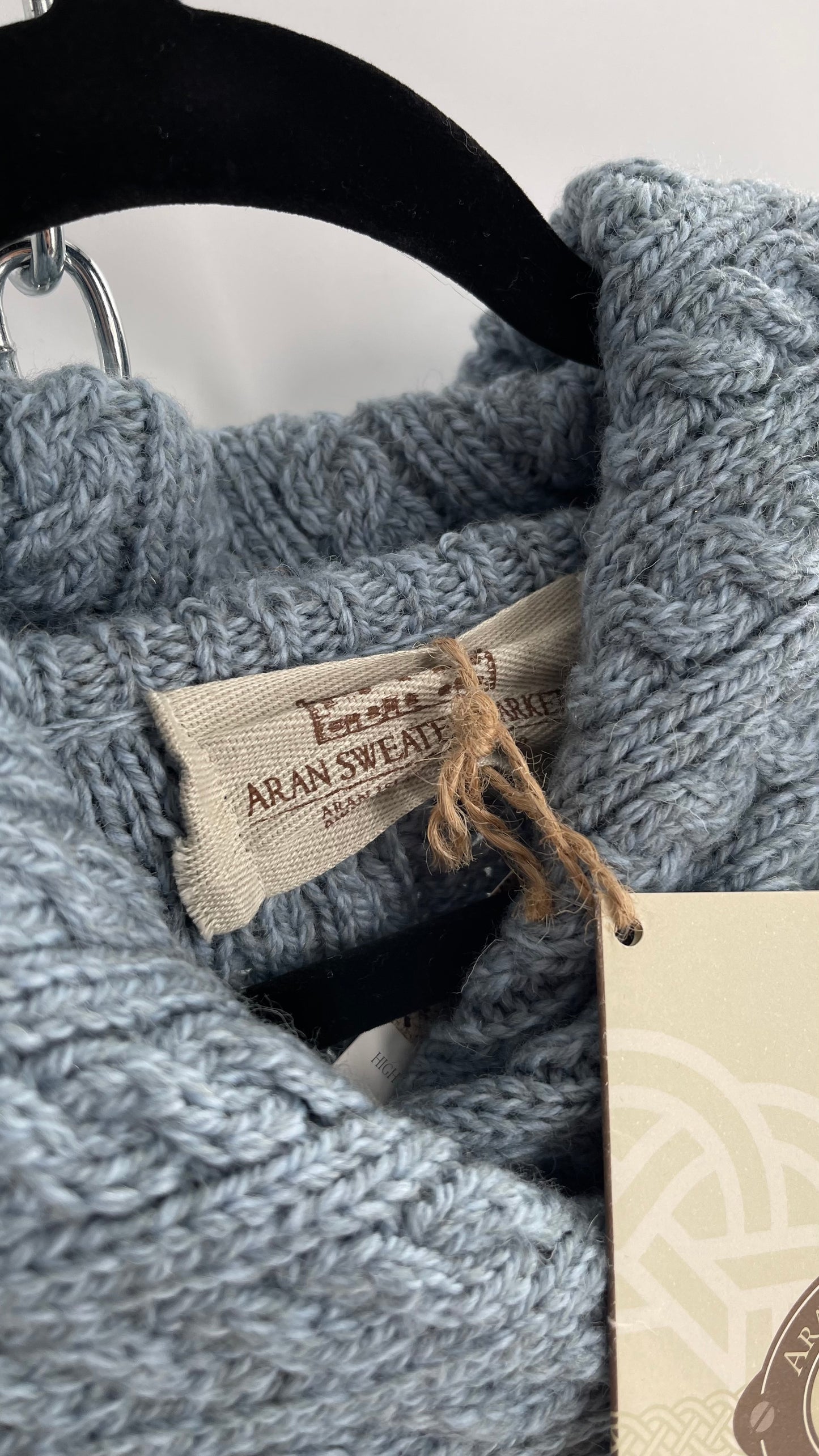Authentic Irish Aran Sweater Market Slate Blue Aran Stitch Sweater with Oversized Wooden Button Detail and Certificate of Authenticity (Small)