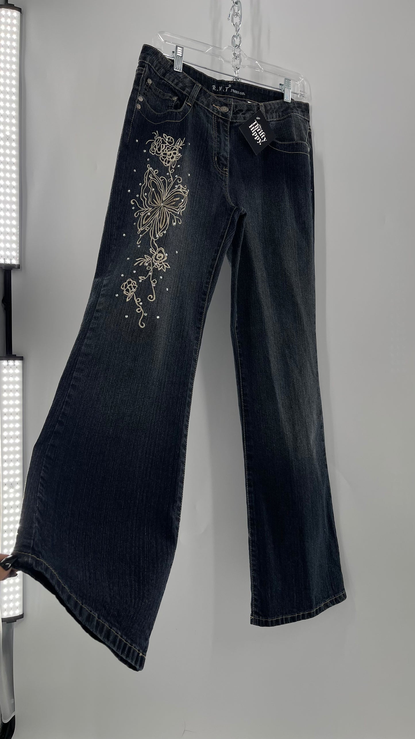 Vintage RVT Grey Kickflare Jeans with Butterfly Embroidery and Rhinestone Embellishment (9/10)