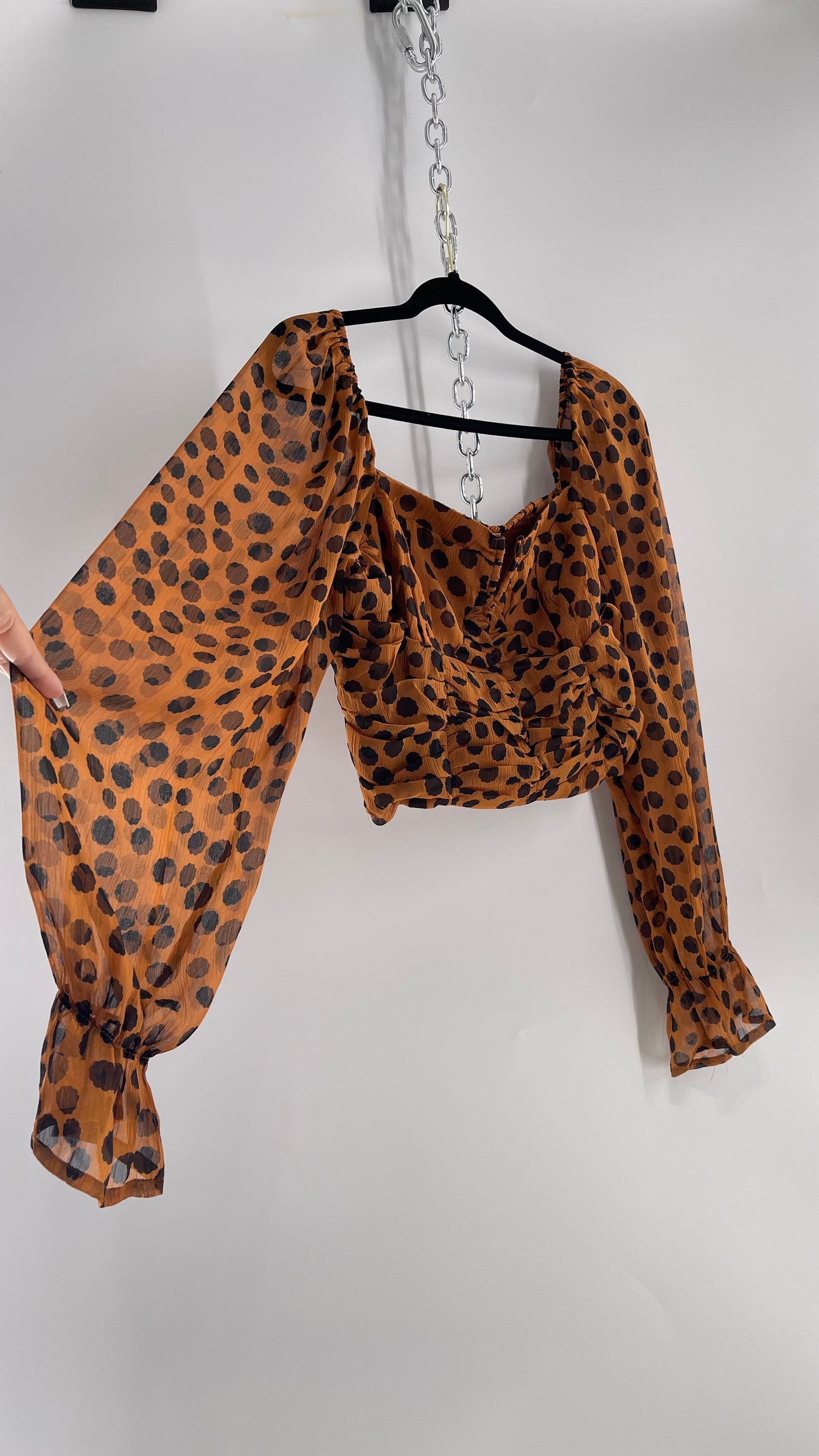 Free People Brown Black Animal Print Blouse with Ruched Bodice and Tags Attached (Large)