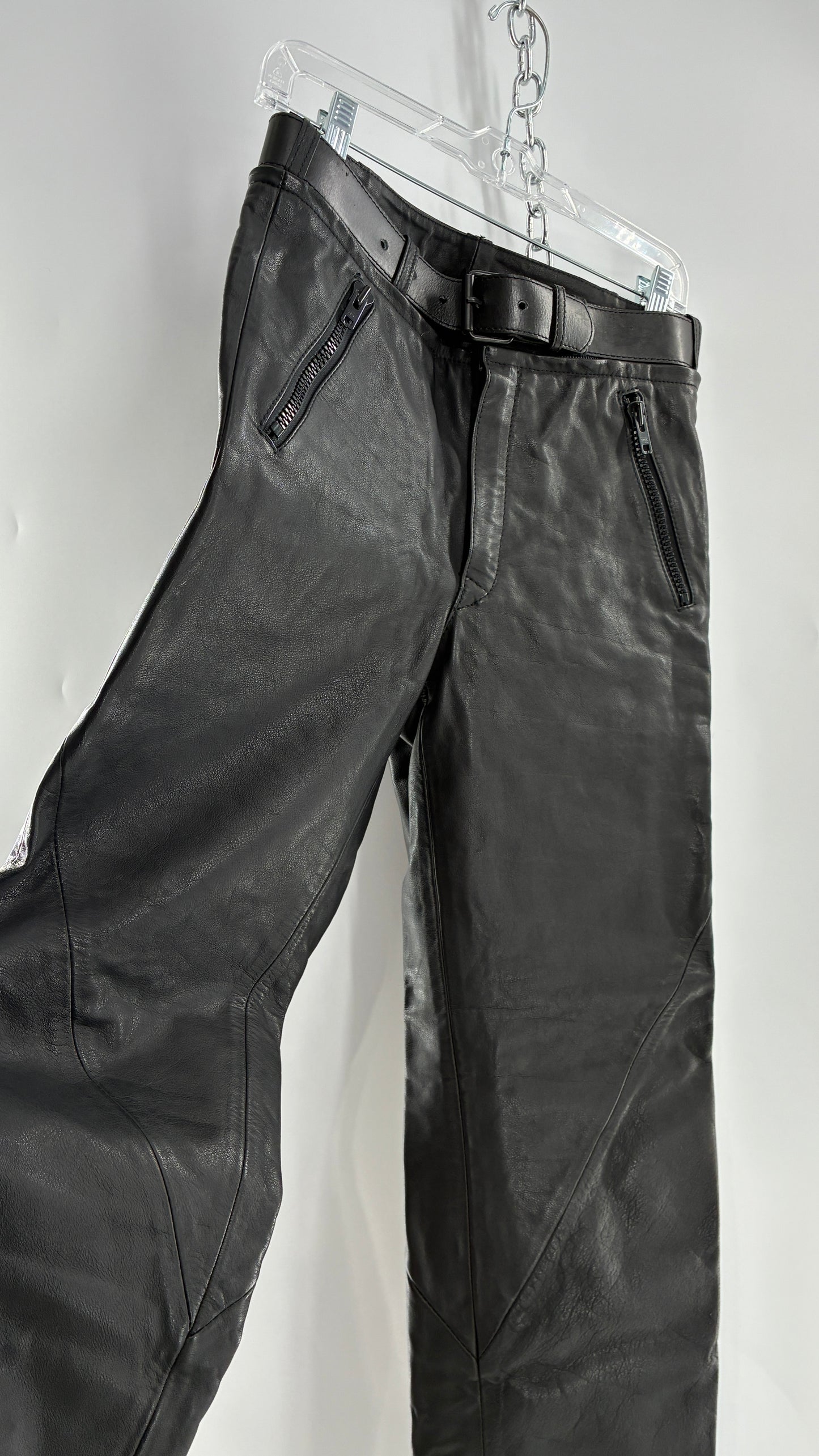 Vintage Black Italian Leather Motorcycyle Pants with Built In Belt and Zipper Detailing (XS)
