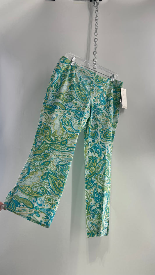 VINTAGE WOMYN Blue Green Paisley Patterned 1990s Capris with Tags Attached (12)