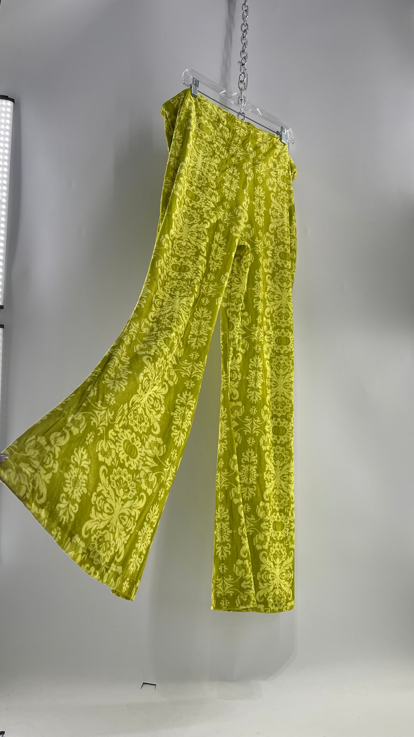 Urban Outfitters Chartreuse Green/Yellow Velvet Lace Patterned Flares with Scrunch Front (XXL)