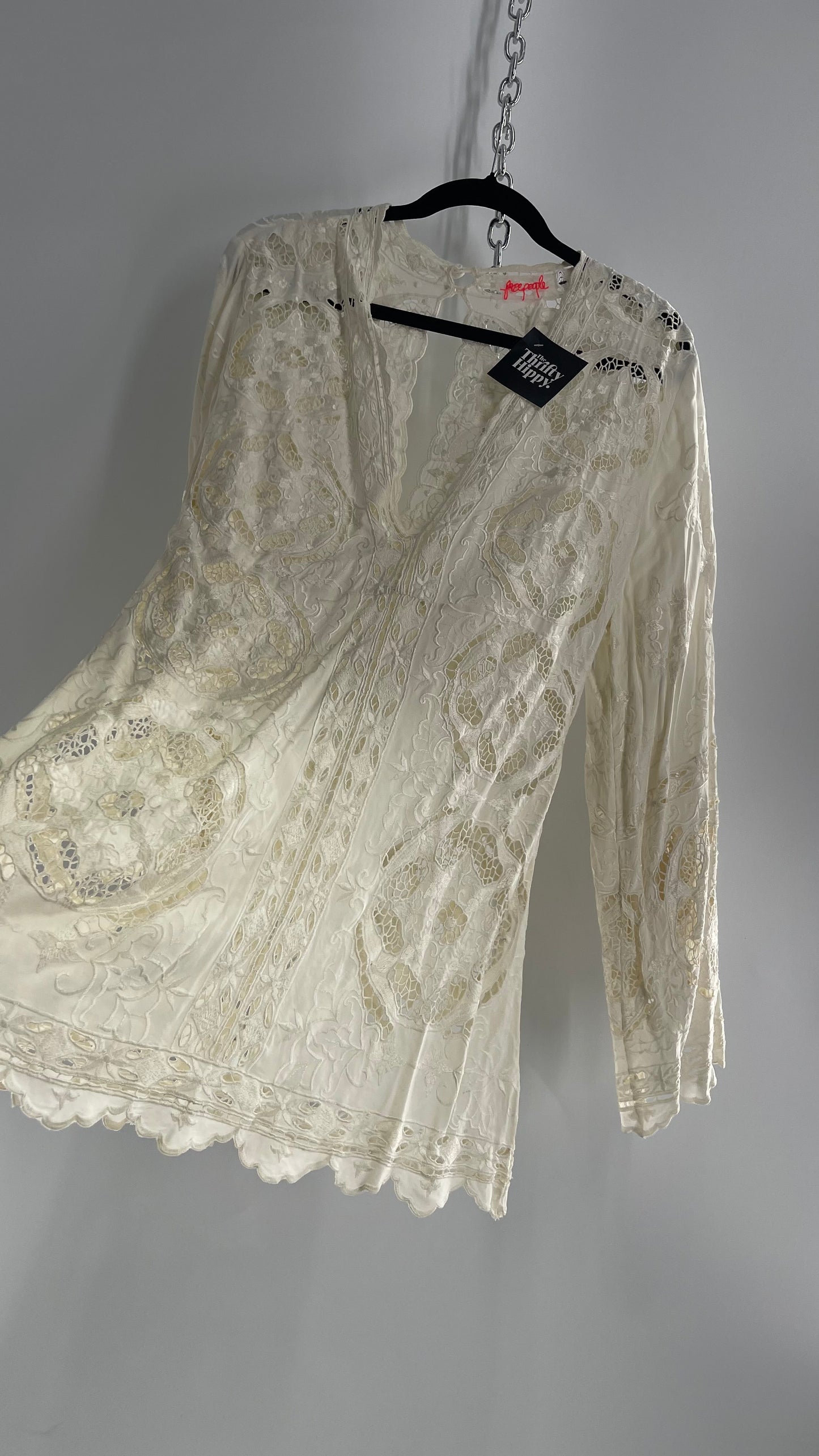 Free People Cream Lace Mini Dress (Small)