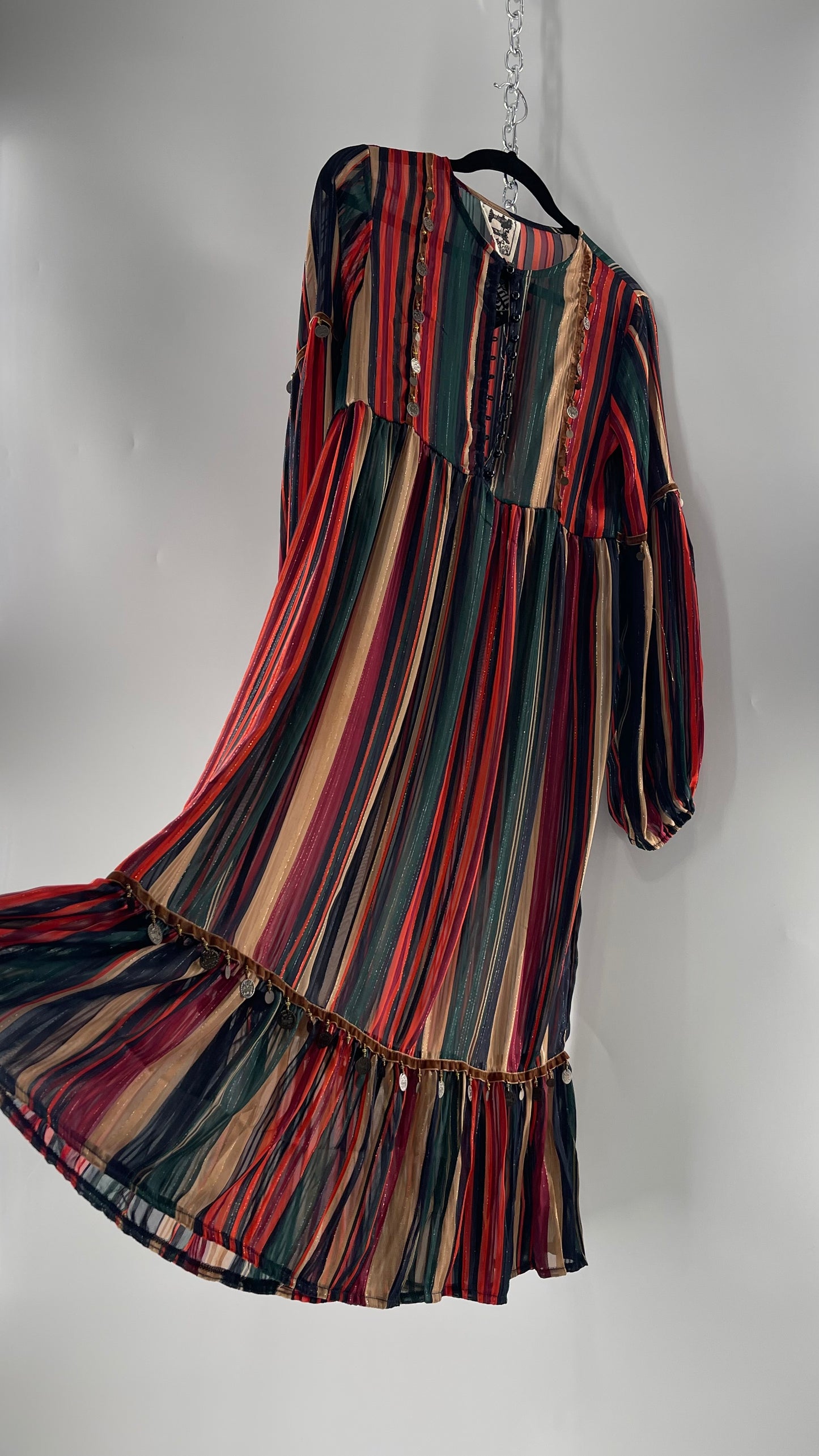 JAASE Striped MIDI Dress with Ruffled Hem, Coin Detailing, Dramatic Button Front Dress (XS)