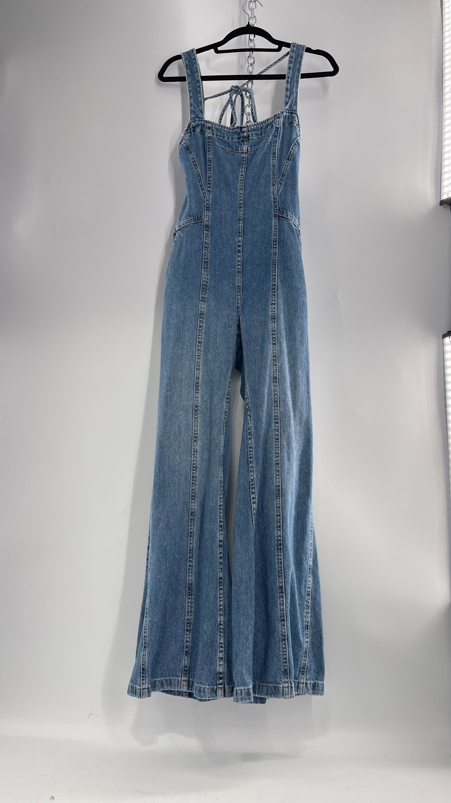 Free People Denim Backless Wide Leg Jumpsuit with Tags Attached (Small)