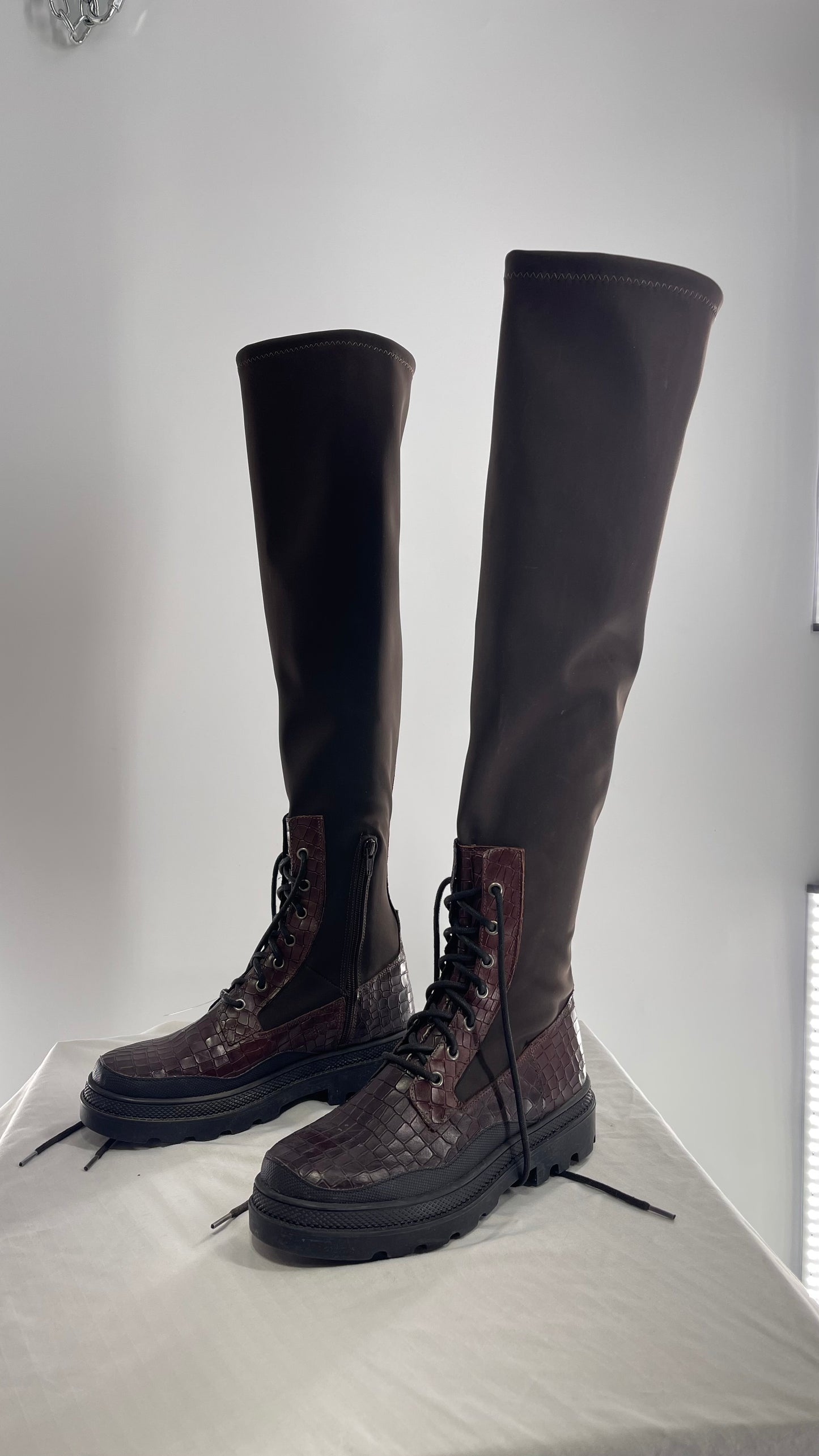 Free People Dark Brown Riding Style Embossed Knee High Platform Boots (39)