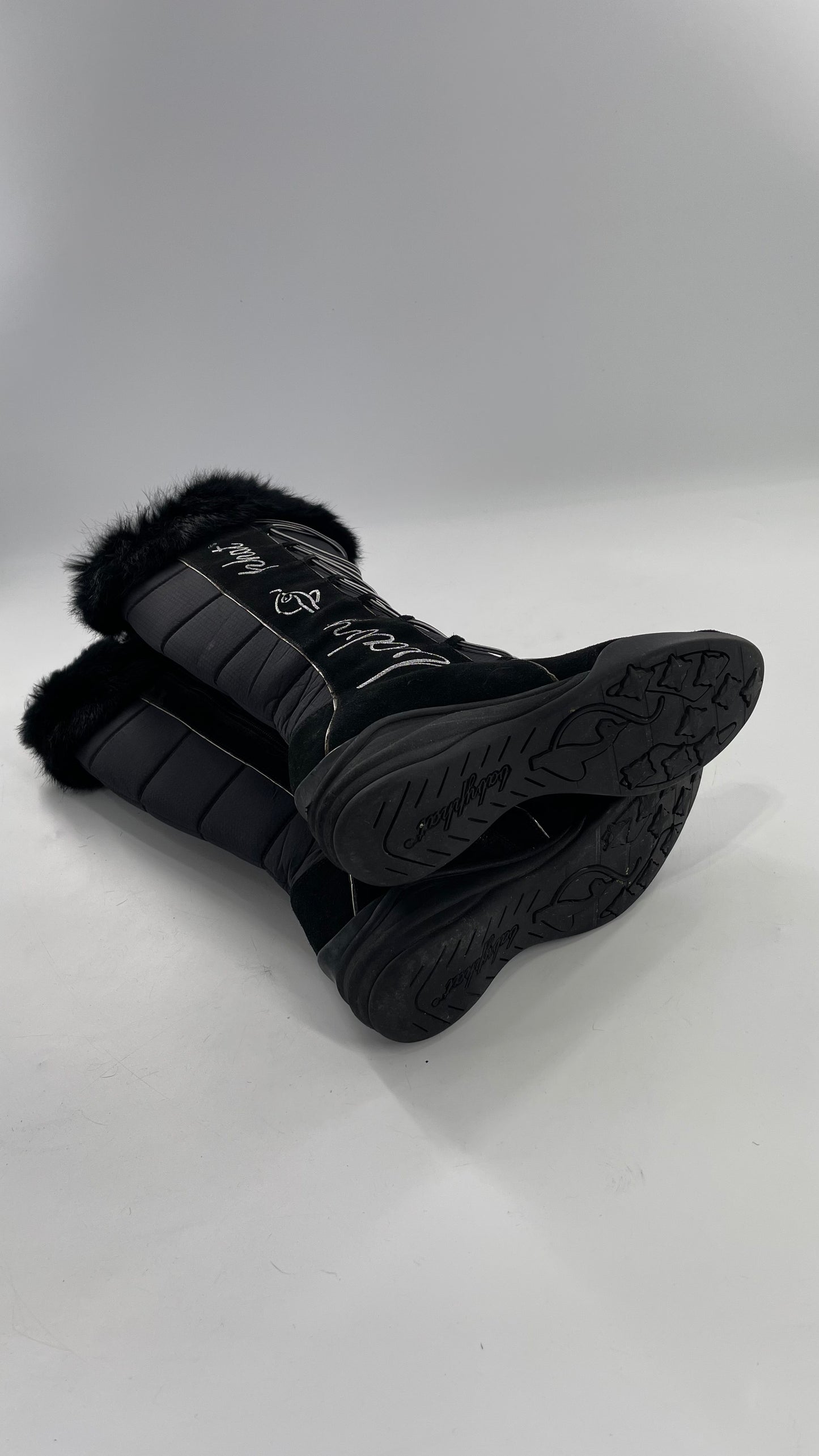 Baby Phat Black Knee High Boots with Rabbit Fur Trim, Bungee Cord Ties, and Embroidered Logo Design (8)