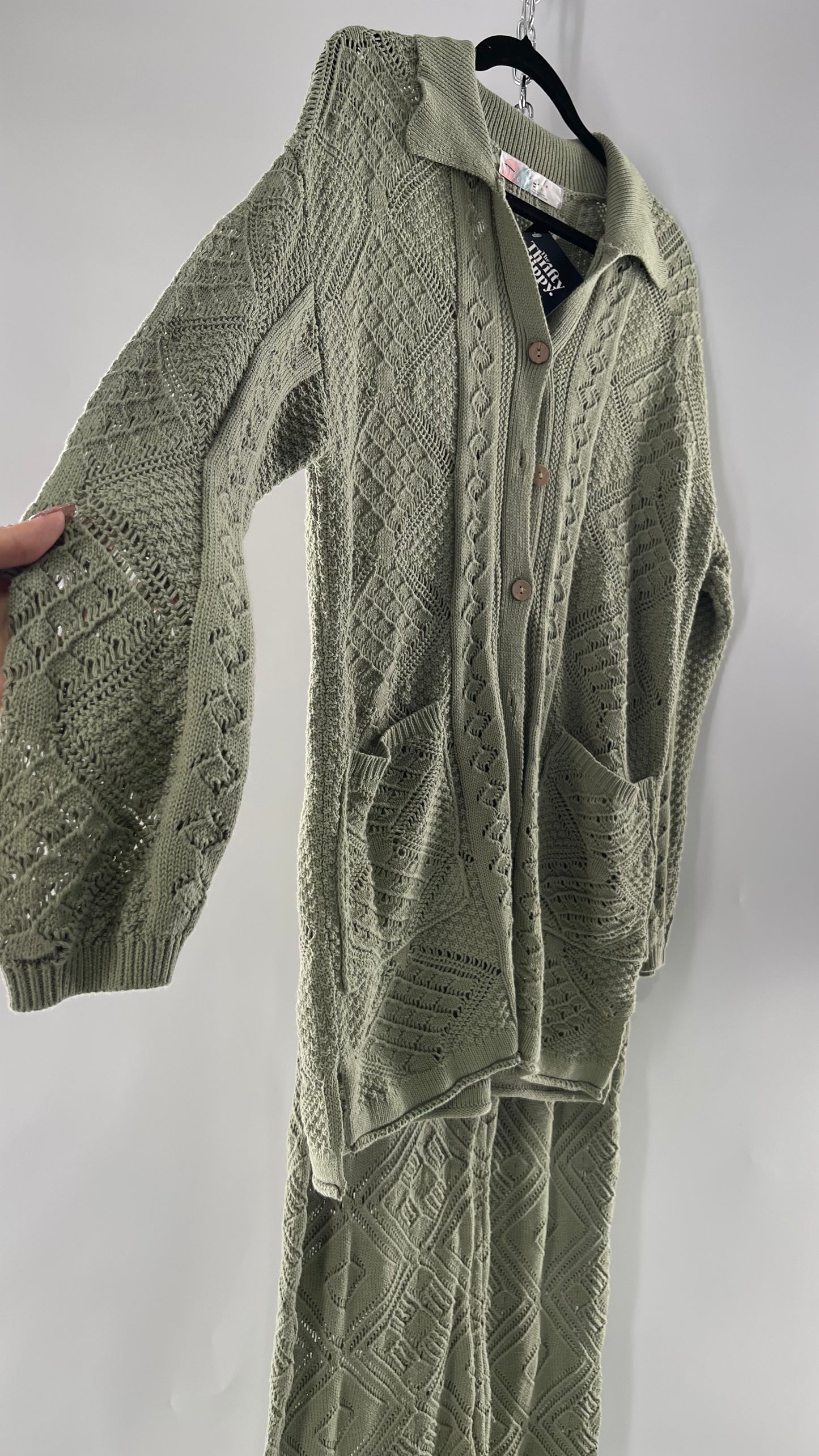 Free People Beach Sage Green Crochet Wooden Button Front Cardigan and Wide Leg Set (Medium)