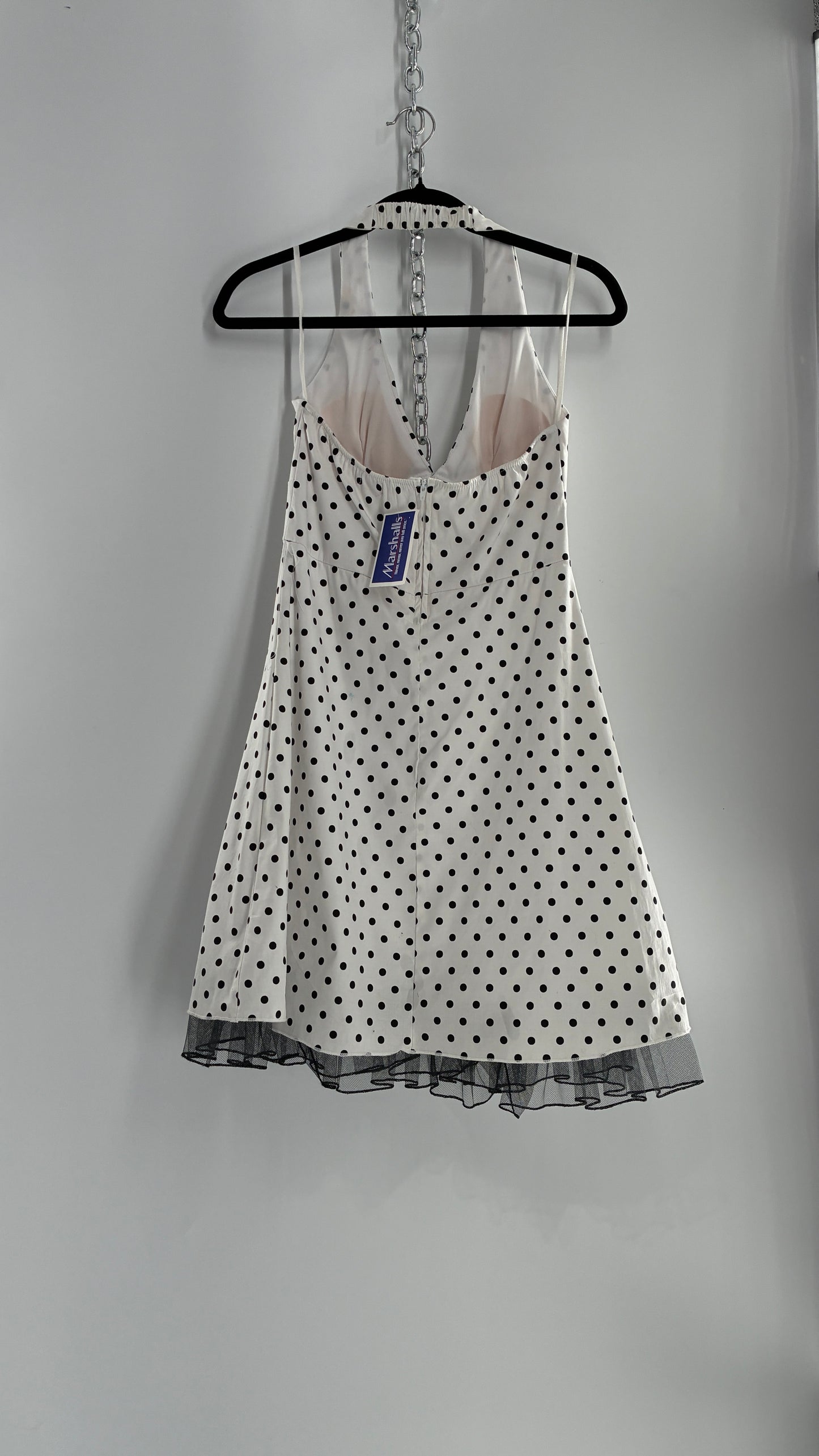 Deadstock Vintage Ruby Rox Retro Style White and Black Polka Dotted Mini Dress with Tulle Trim (7)
