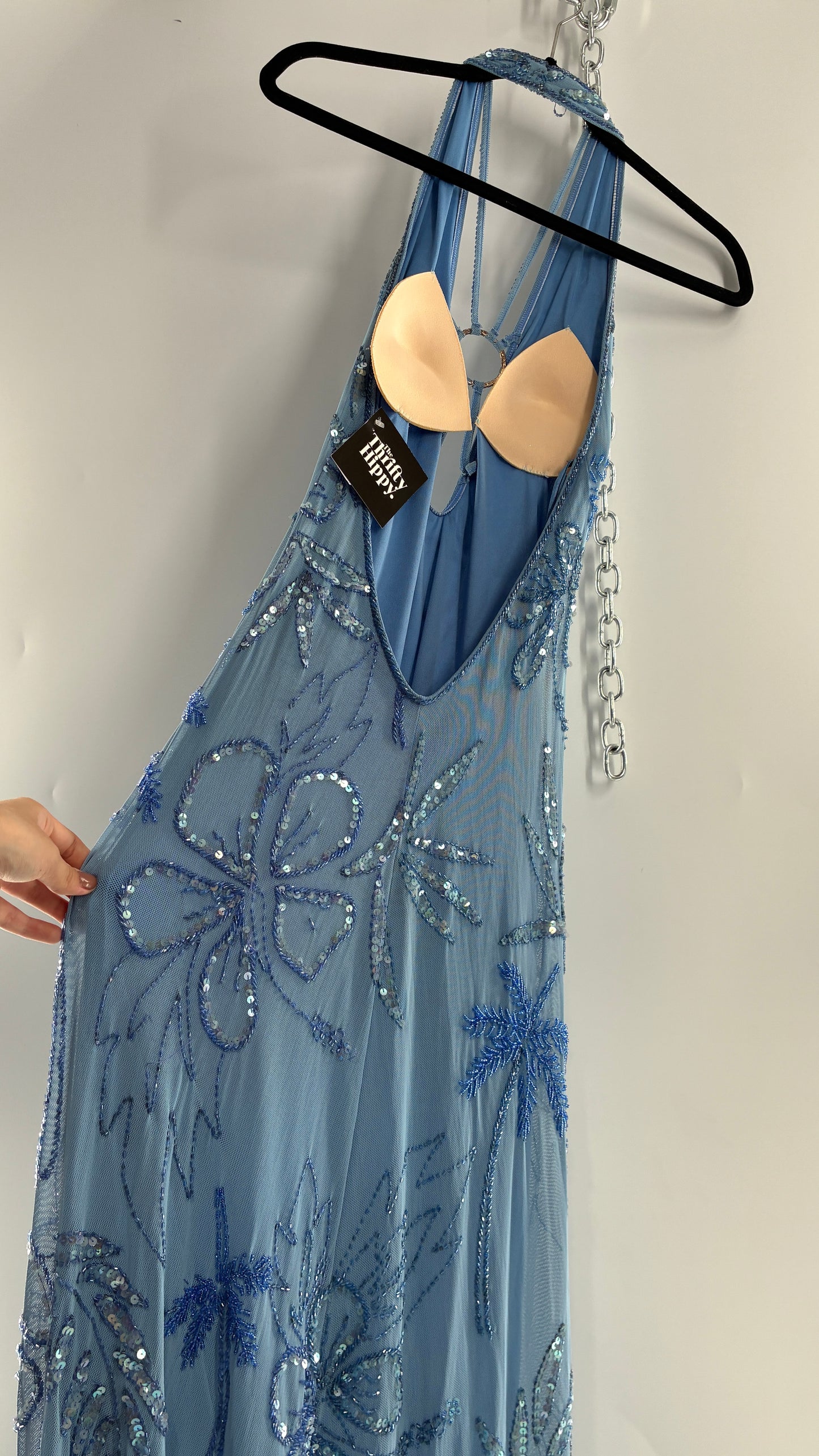 Vintage 1990s Powder Blue Gown Covered in Beaded Appliqué Tropical Designs with Strappy Bust and Low, Open Back (S/M, stretchy no size marked)