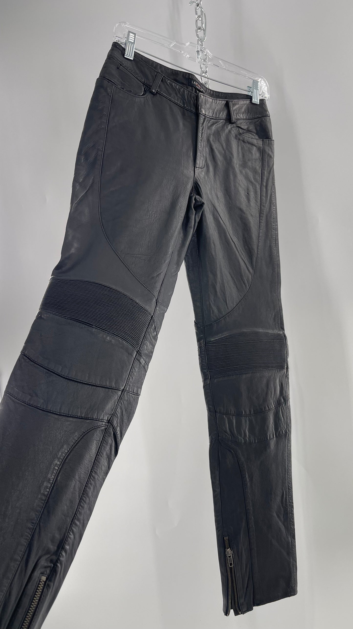LAMARQUE 1990s Collection Vintage Black Leather Moto Style Pant with Panels, Ribbing and Zipper Details (6)