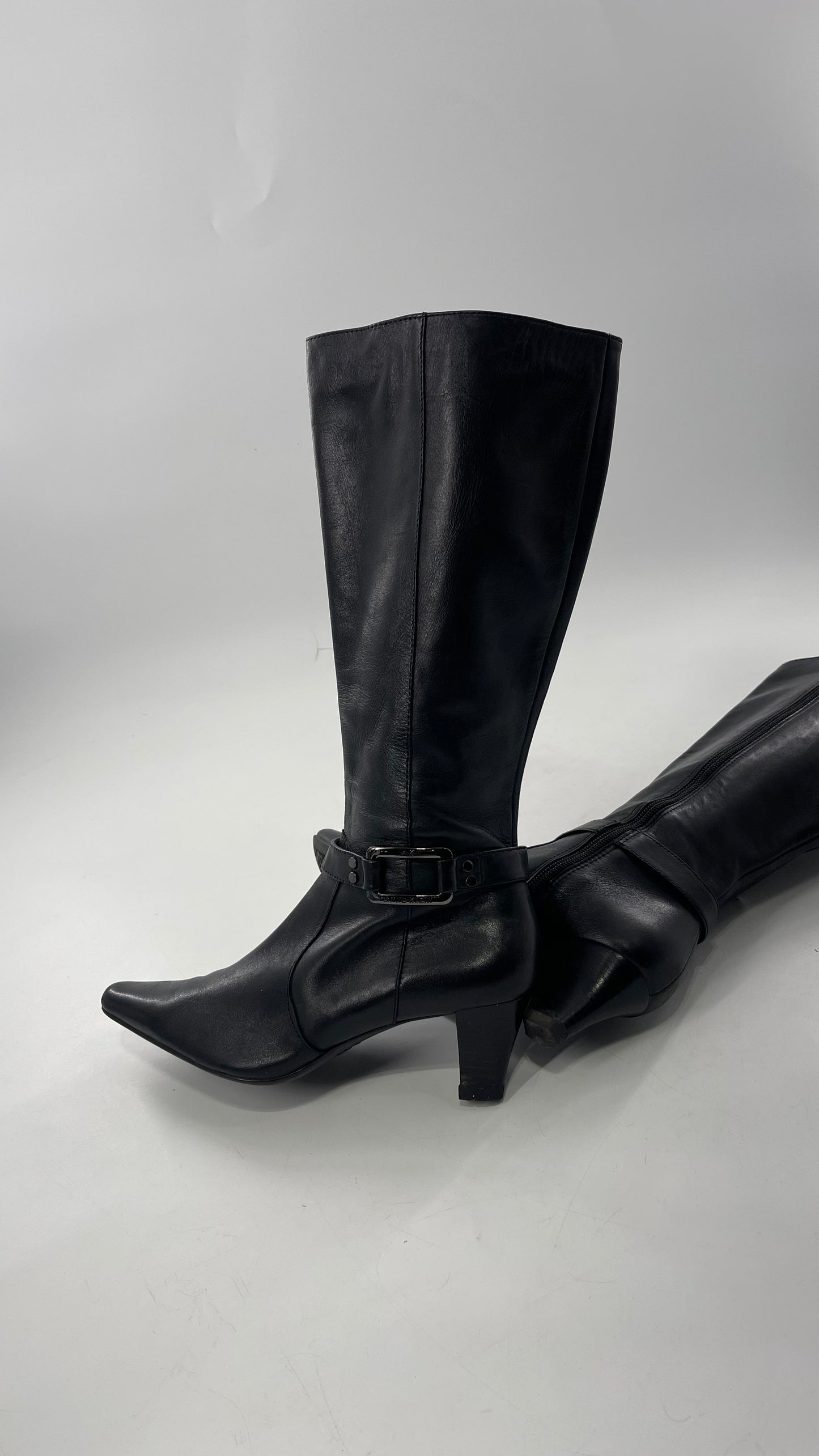 Vintage Black Anne Klein Leather Knee High Boots with Pointed Toe and Ankle Metal Buckle Detail (8)