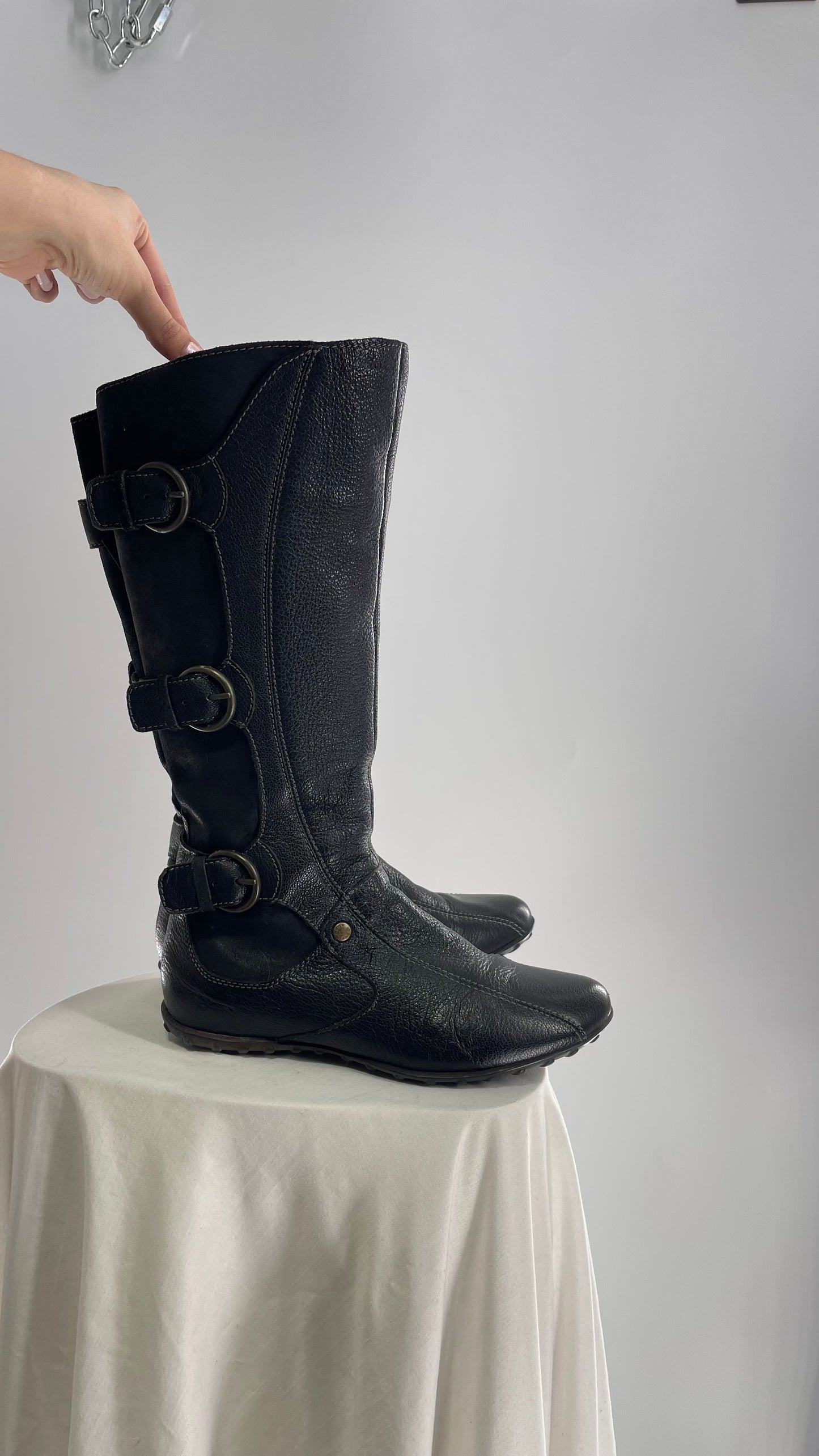GEOX Black Leather Buckle Knee High Boots