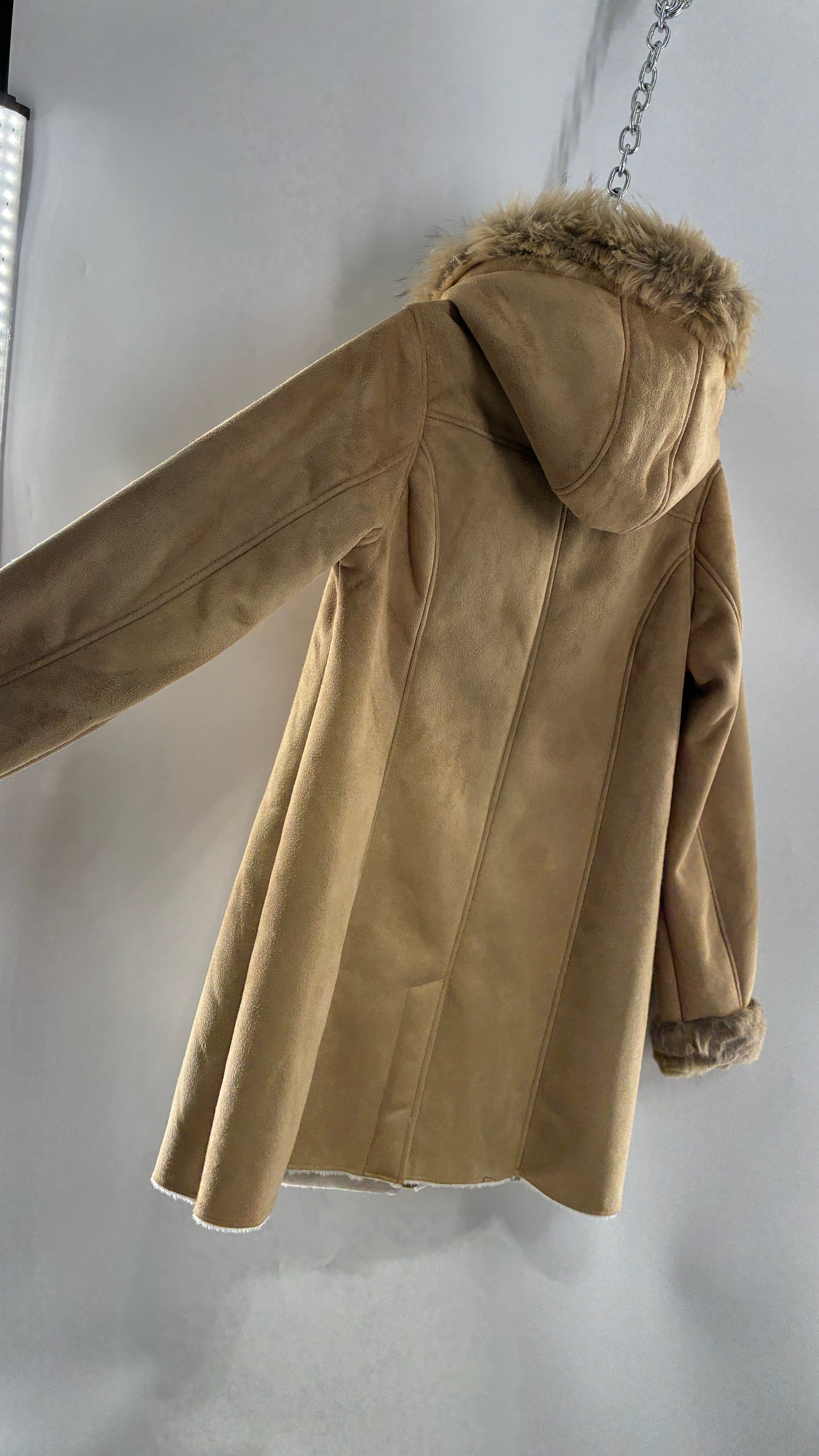 Deadstock Vintage MONROE AND MAIN Vegan Suede Coat with Fur Cuffs and Hood, Tags Attached (Medium)