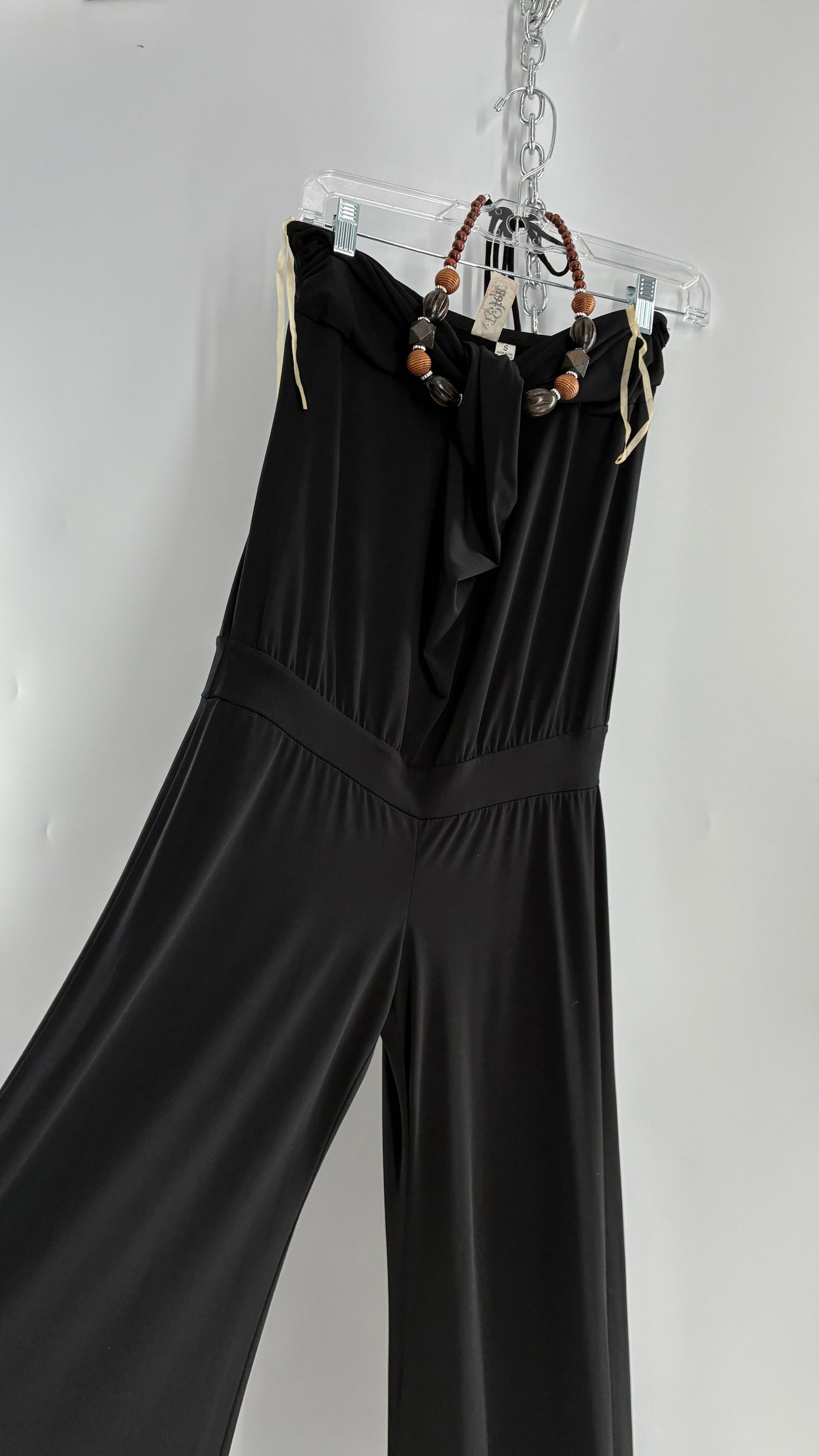 Vintage L8ter 1990s Black Drop Waist Wide Leg Jumpsuit with Beaded Choker Halter (Small)