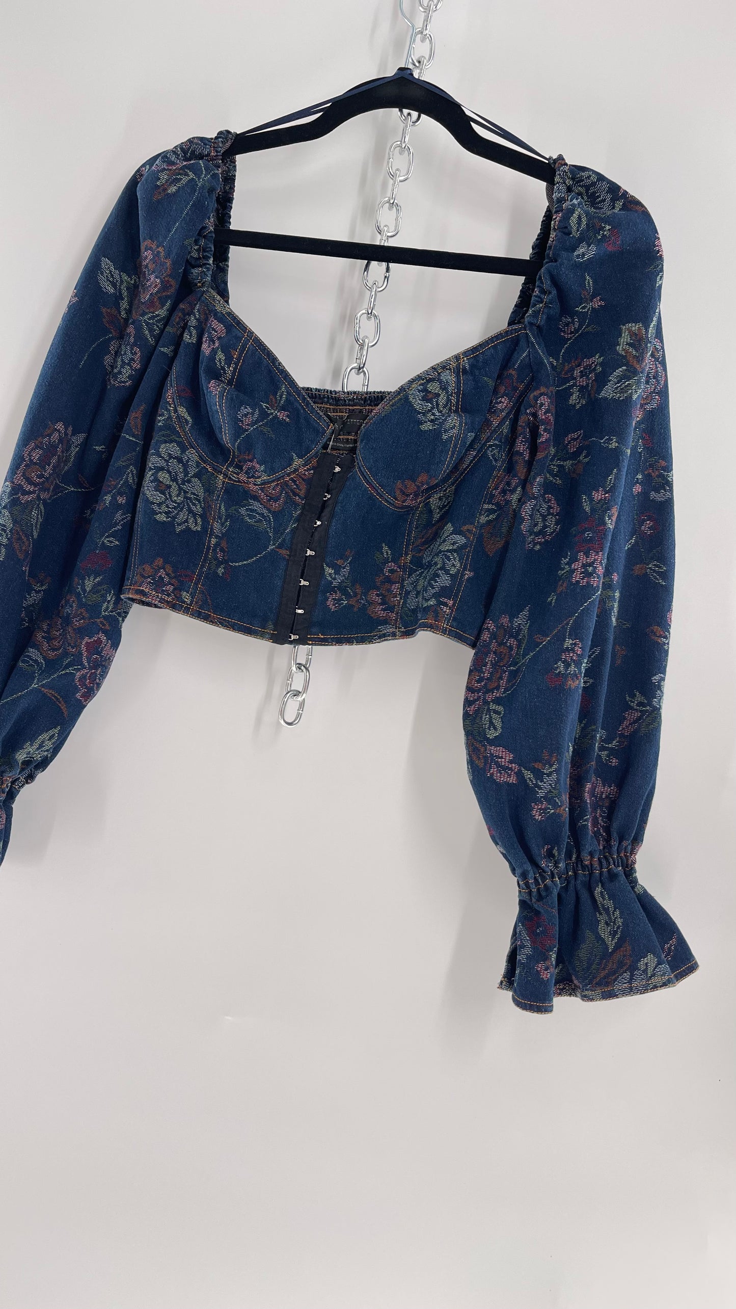 Urban Outfitters Denim Cropped Corset Grommet Balloon Sleeve Blouse (Large)