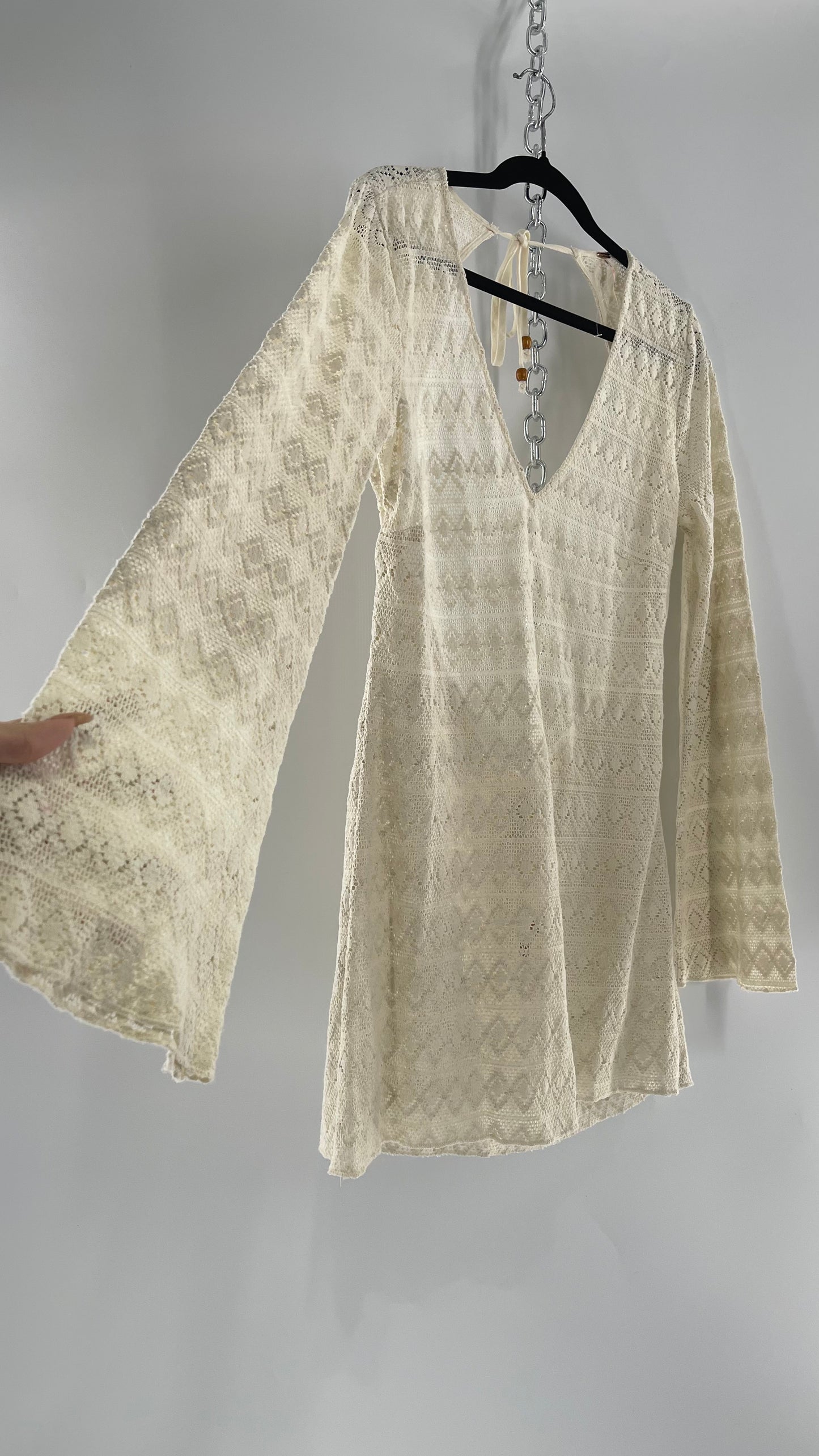 Free People Gauze Lace Open Back Mini Dress with Bell Sleeves (S)