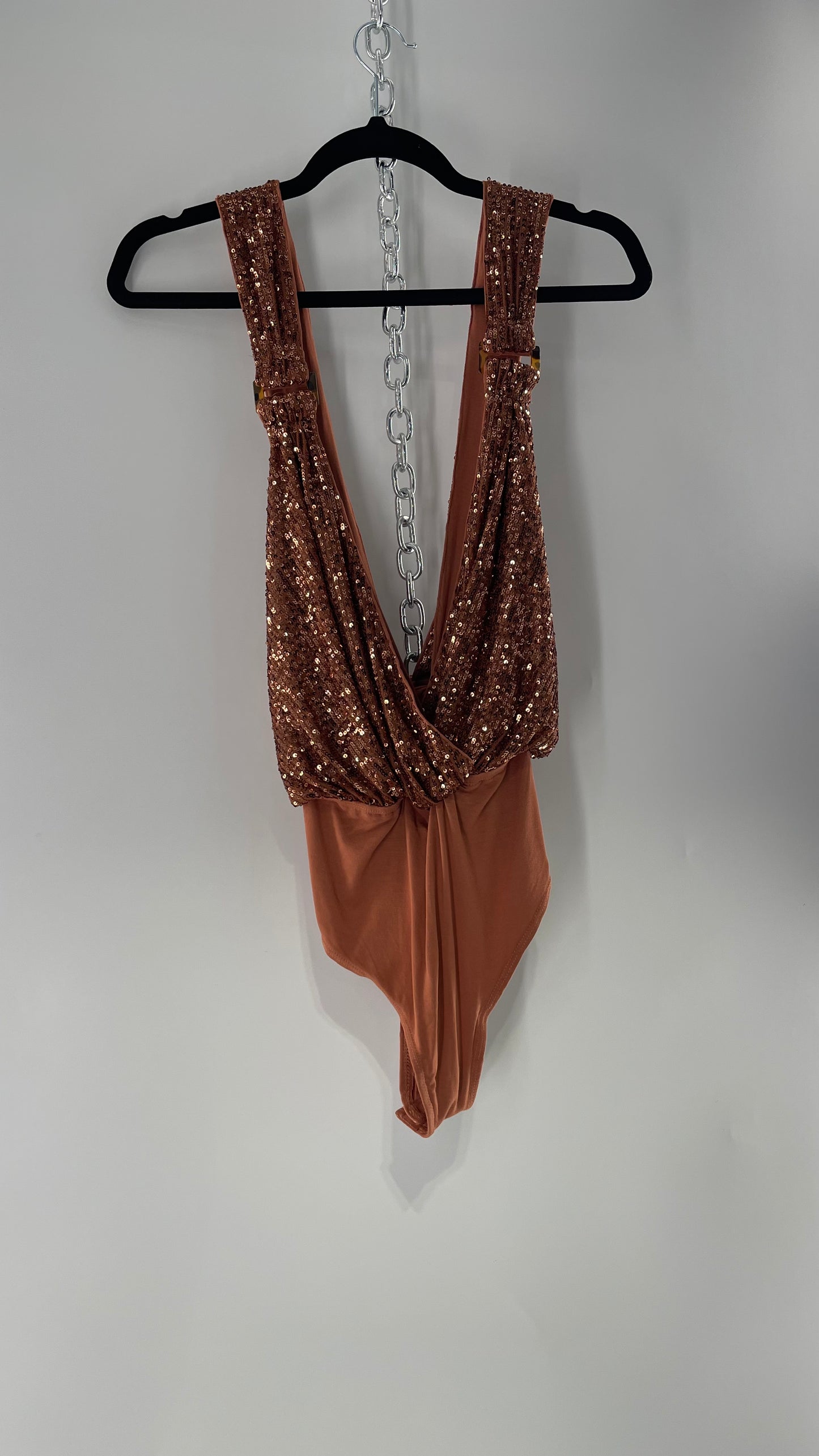 Free People Copper Sequin Draping Bodysuit with Tortoise Shell Buckle Detail (Medium)