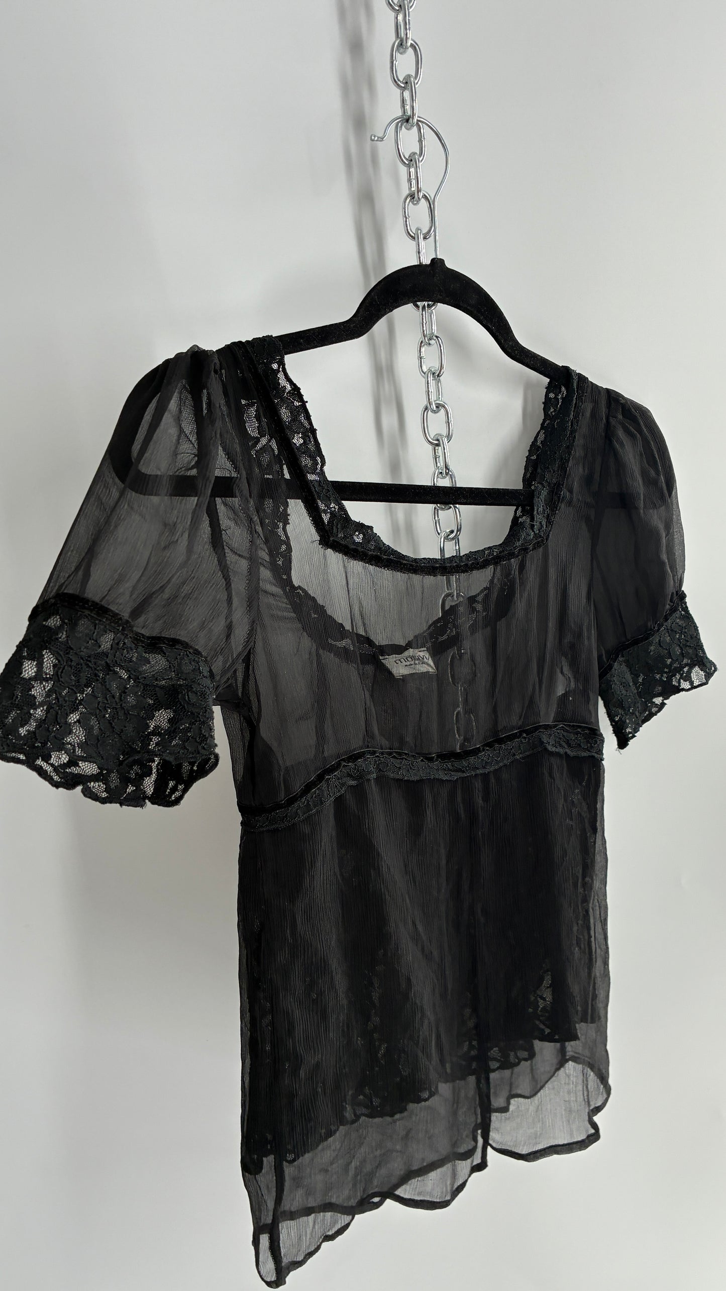 Vintage MÖTIVI Pure Silk Blouse with Lace Bodice, Vented Detail and Velour Trim (4)