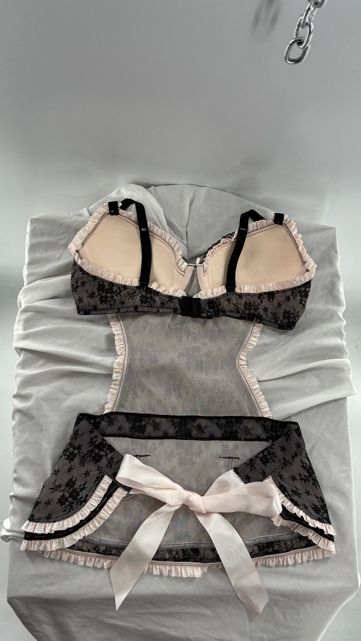Victoria’s Secret Black Lace Apron Style Camisole Lingerie with Bow Back Ribbon (36D)