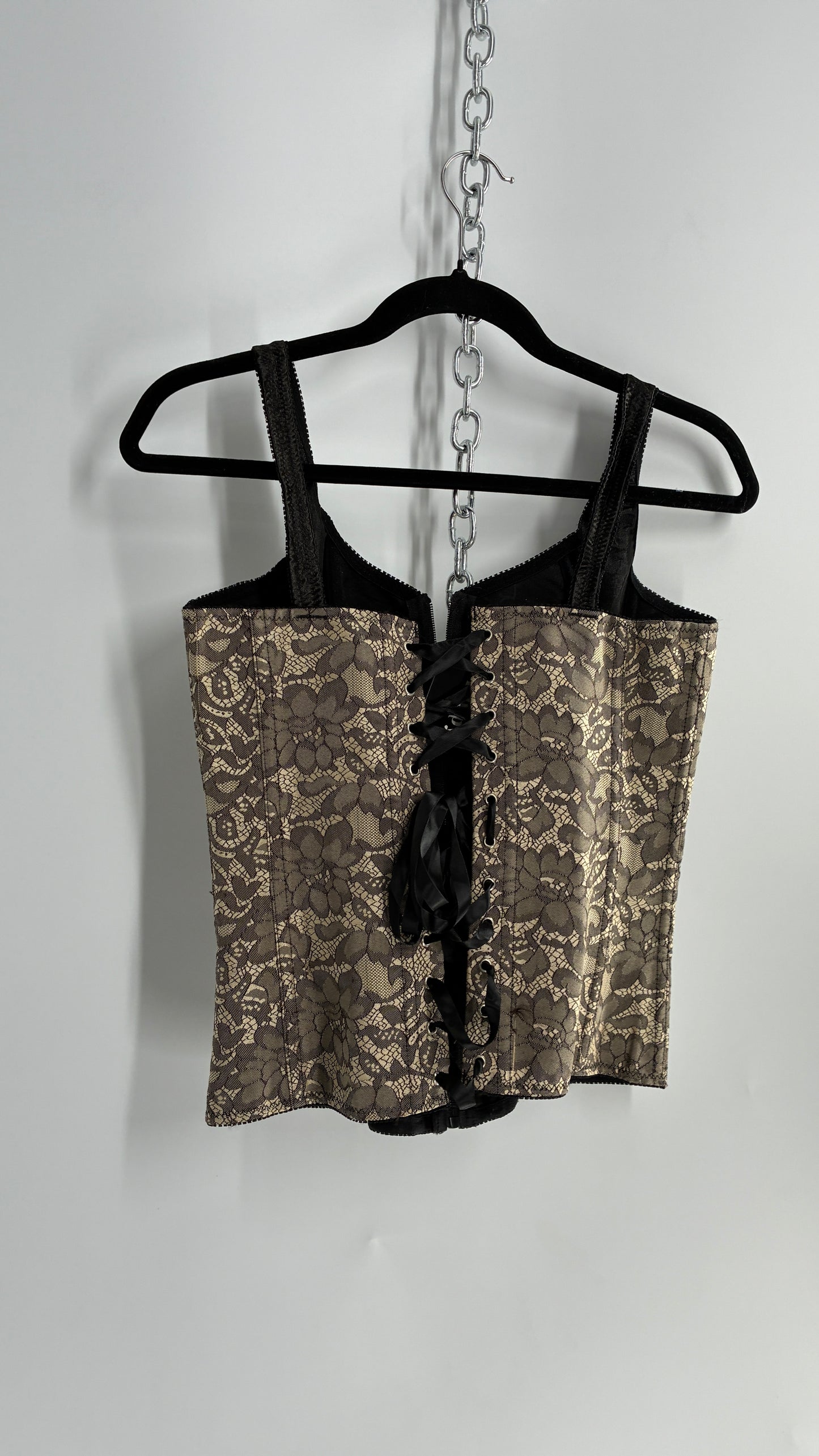 Vintage Zip Front, Tie Back Nude Lace Corset with Black Satin Paneling (Medium)