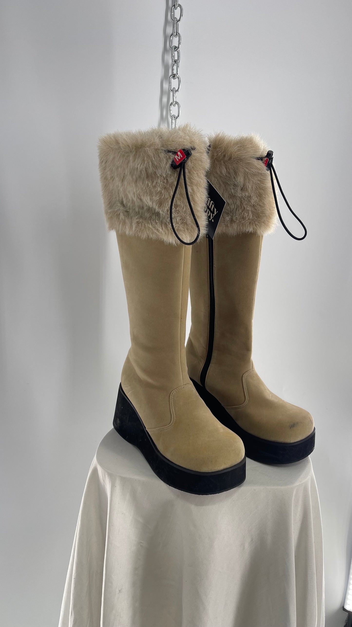 Vintage Faux Fur Trim Tan Platform Wedge Knee High Boots (6)
