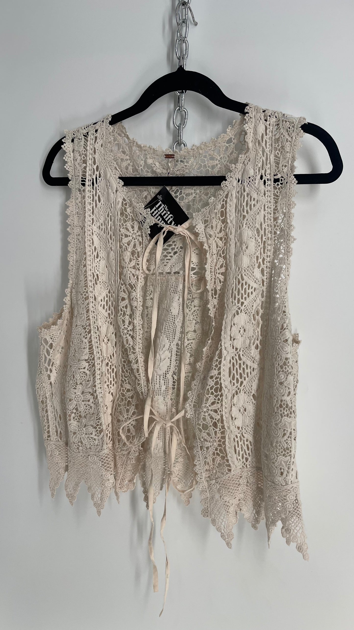 Free People Off White Lace Crochet Vest/ Tie Bust Sleeveless Top (Medium)