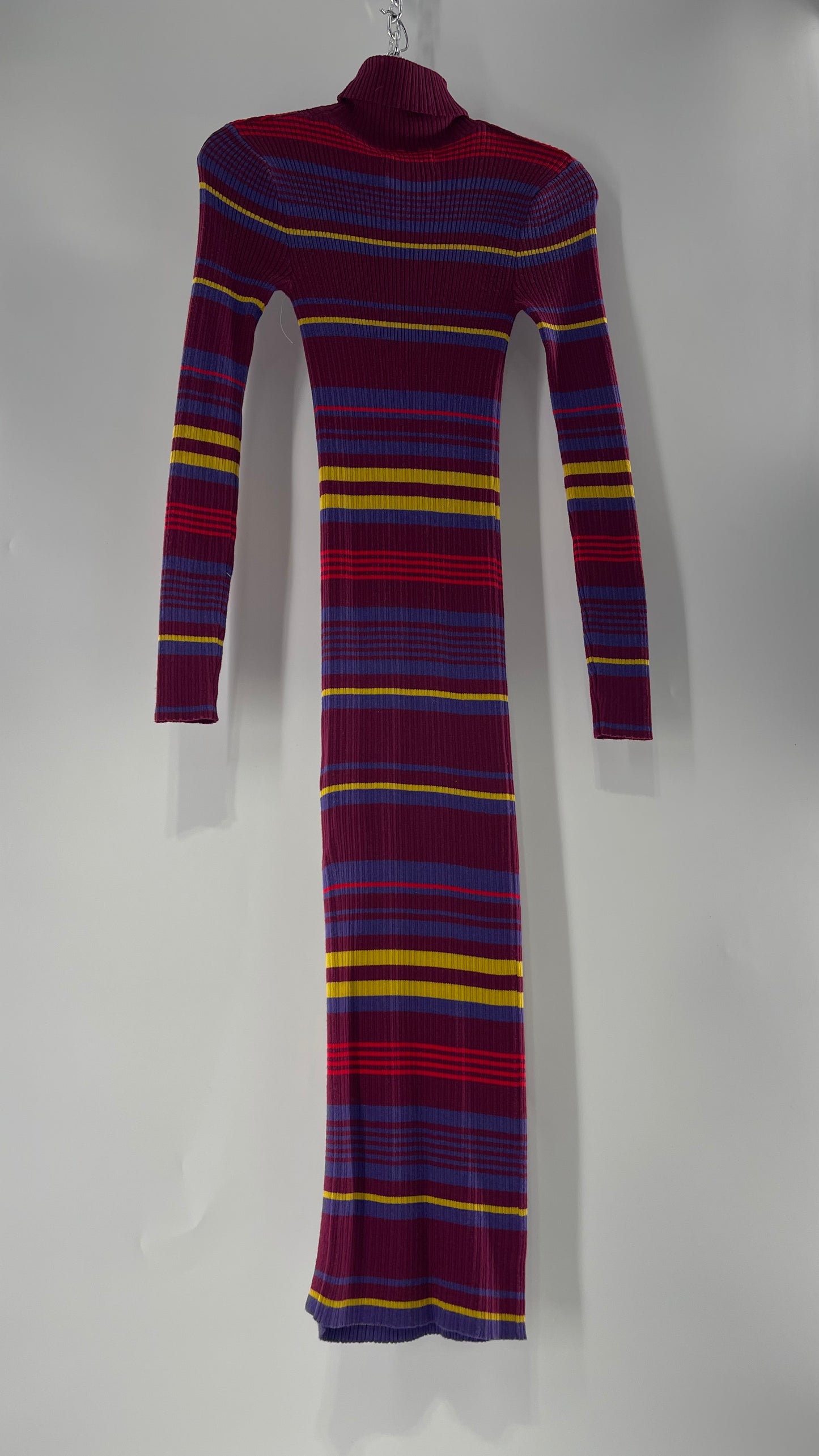 Urban Outfitters Ribbed Striped Plum Turtle Neck Sweater Maxi Dress (Small)