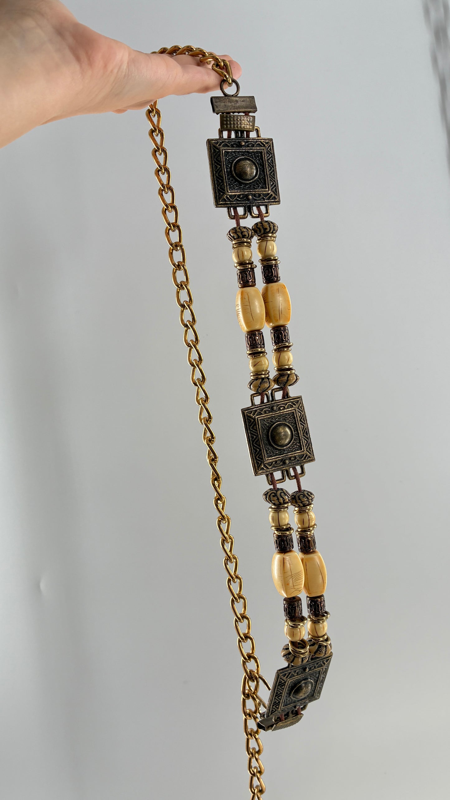 Vintage Beaded Chain Belt with Metal Square Medallions