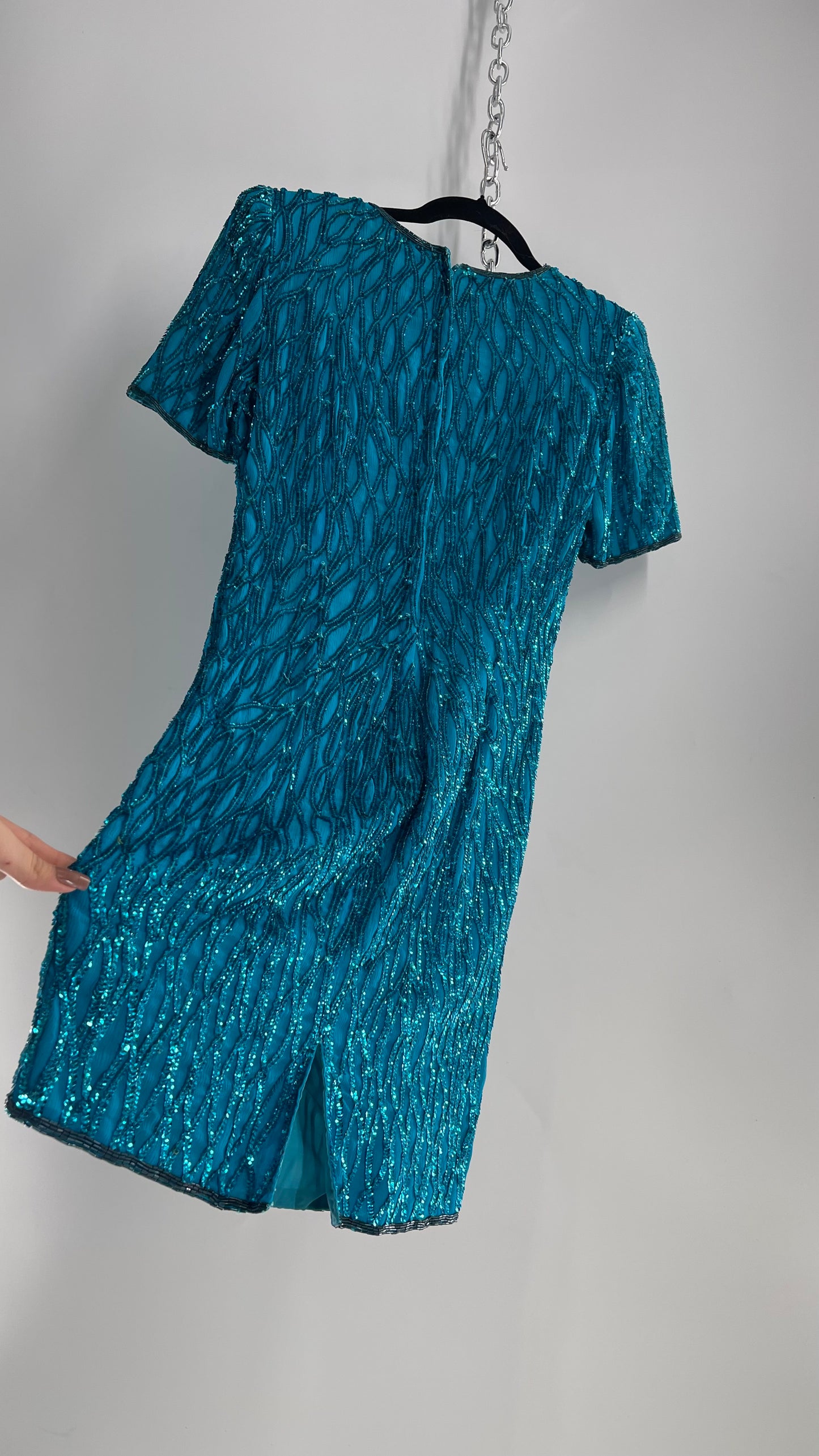 Vintage Sténay 100% Silk Bright Blue Sequin Mini Dress (4)