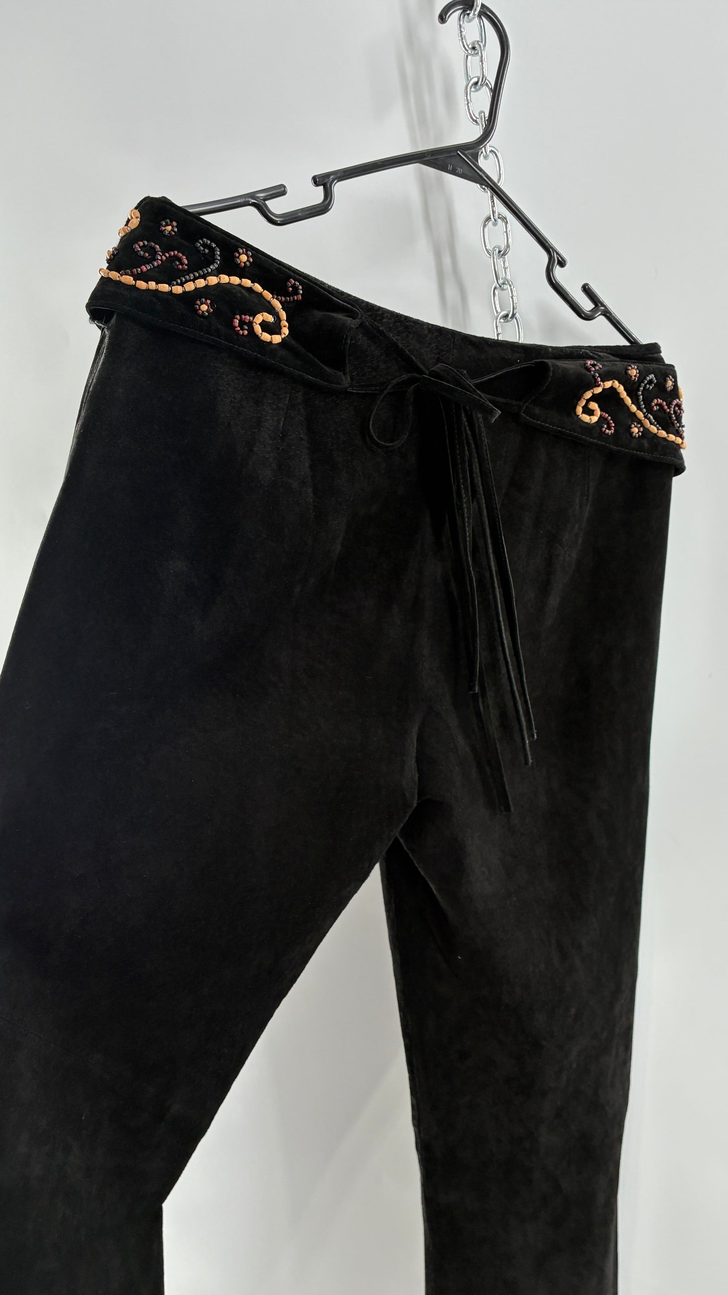 Vintage Margaret Godfrey Black Genuine Suede Leather Kick Flares with Wide Beaded Belt (10)