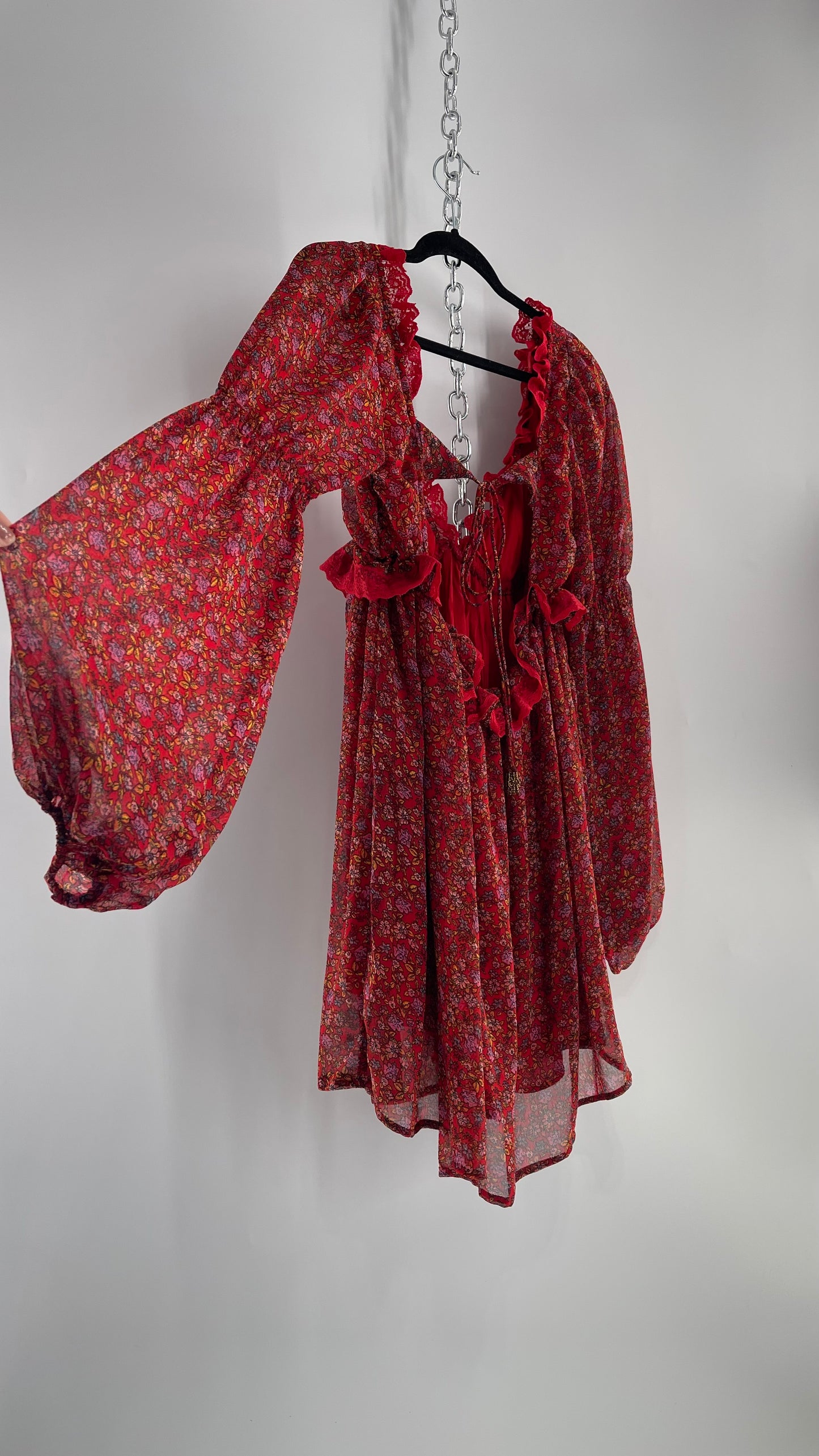 Free People Red Floral Mini Dress with Lace Trim, Open Back and Balloon Sleeves (Small)