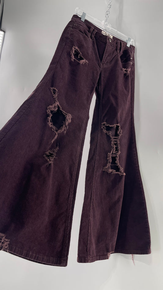 Free People Plum Corduroy Distressed Flare Bell Bottoms (27)