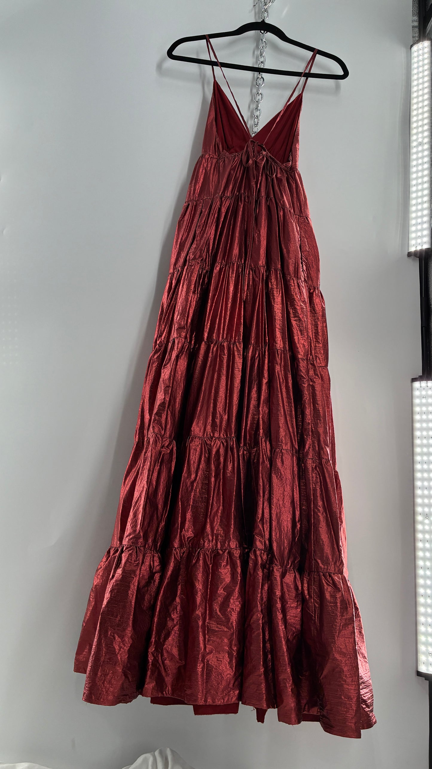 HUTCH Red Metallic Tiered Voluminous Maxi Gown (XS)