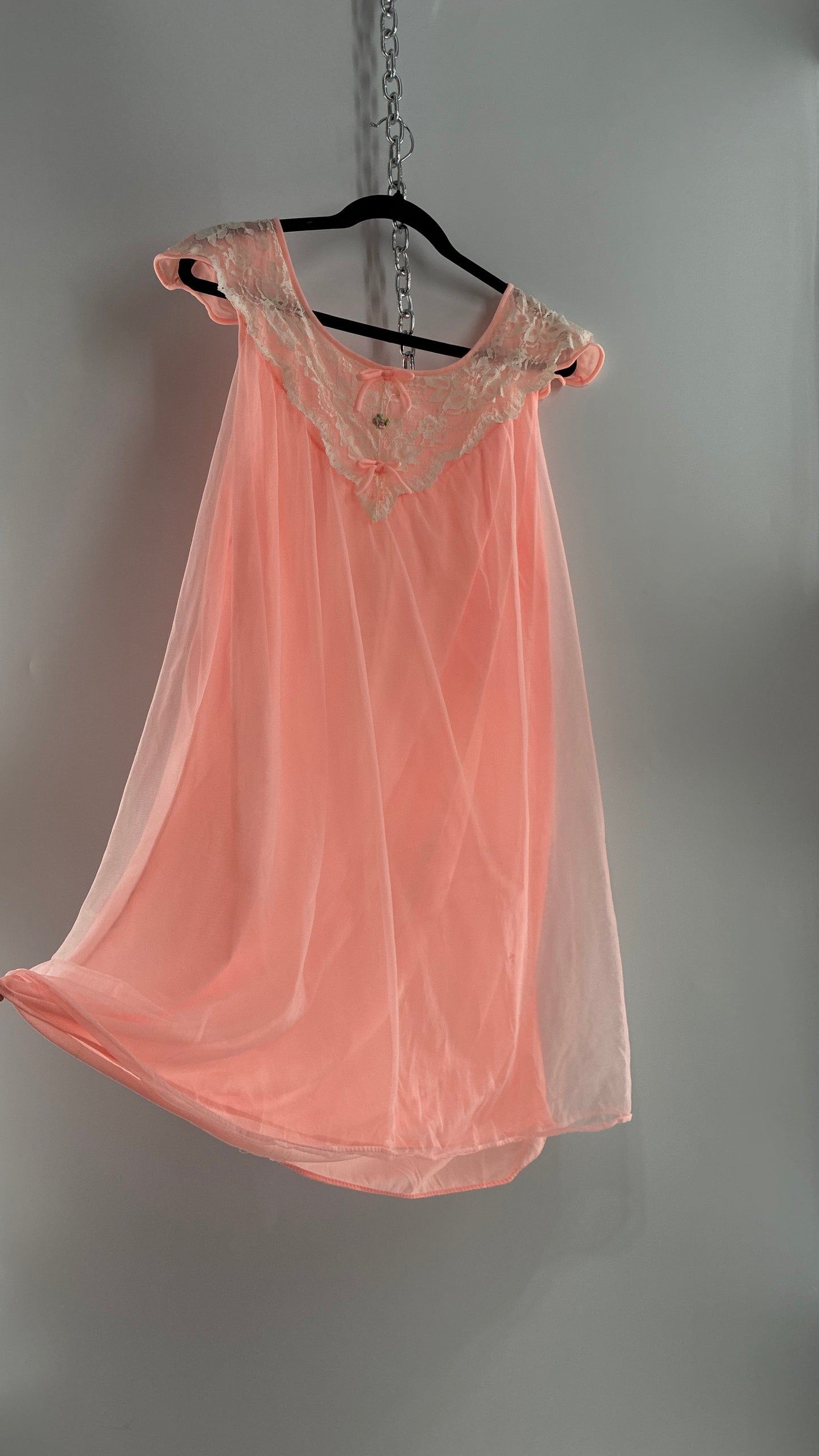 Vintage Neon Pink Babydoll Mini with Lace Sailor Style Neckline with Bows and Embroidery (48)