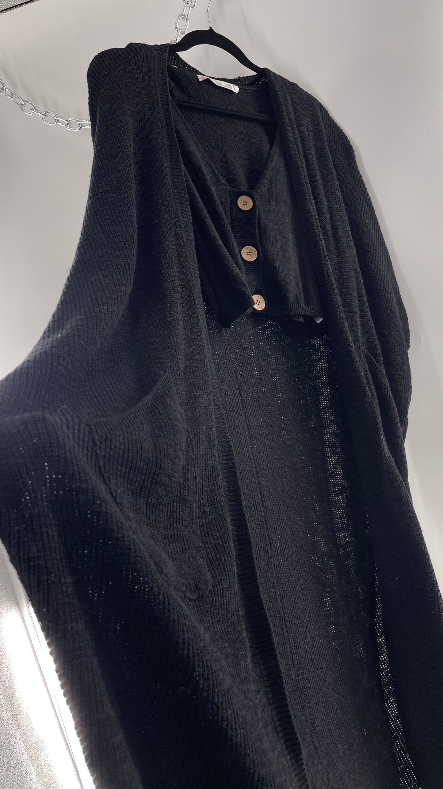 Free People Kai 3 piece Black Knit Cardigan, Tank, Shorts Set with Extra Button Never Worn (Medium)