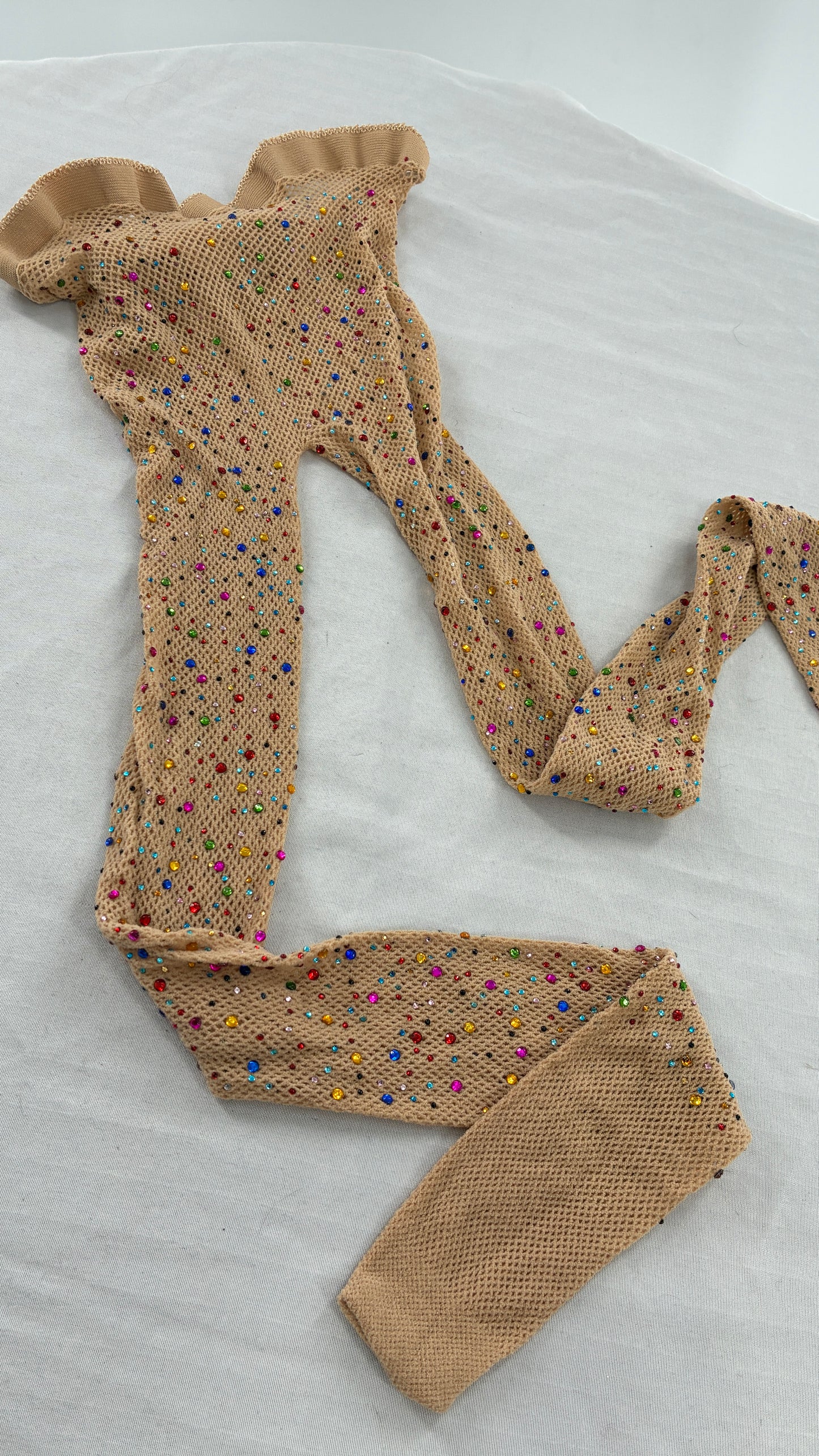 Beige Mesh Tights with All-Over Multicolored Rhinestones
