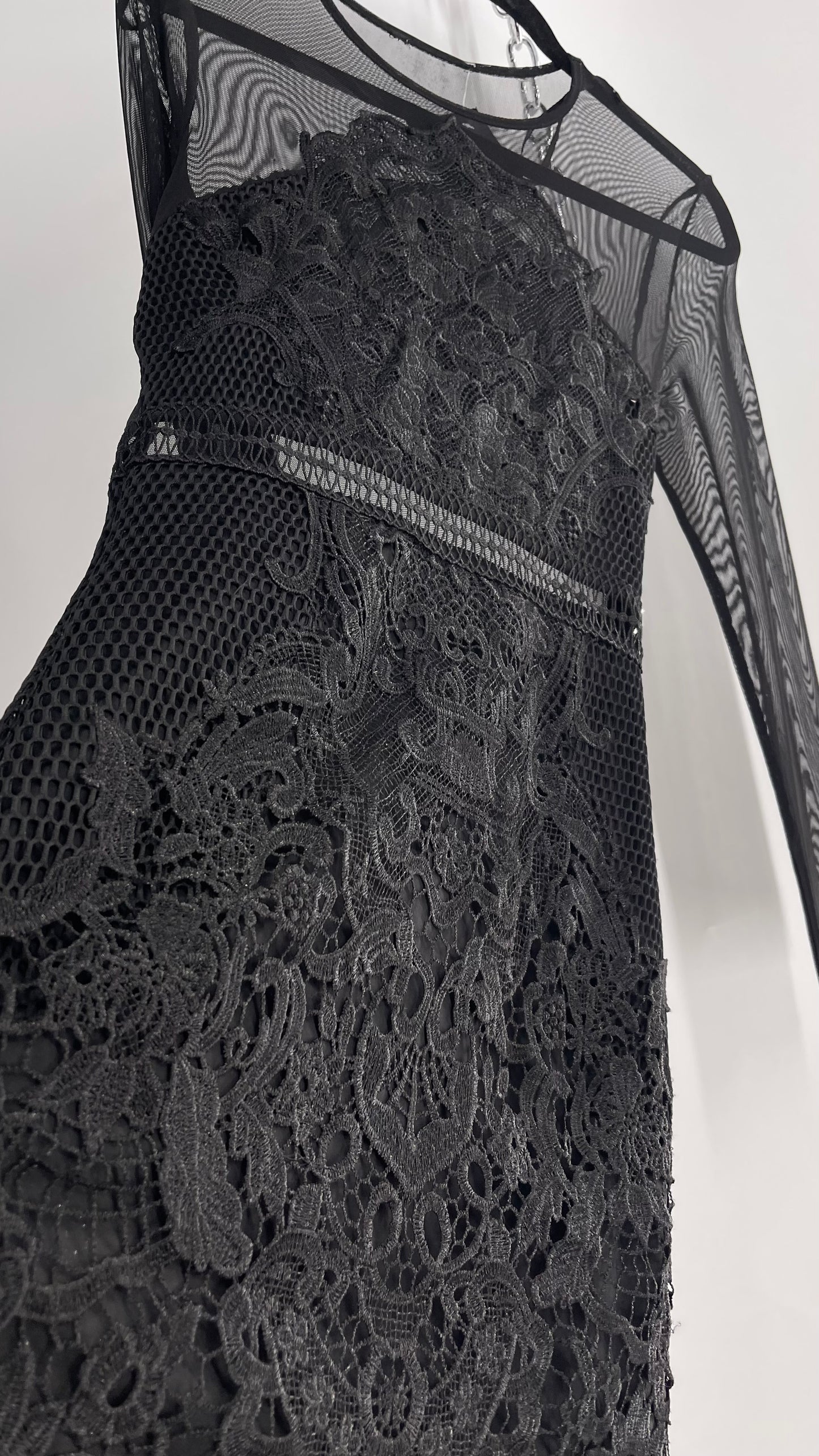 Mesh + Thick Lace Appliqué Mini Dress with Sheer Open Back (Small)
