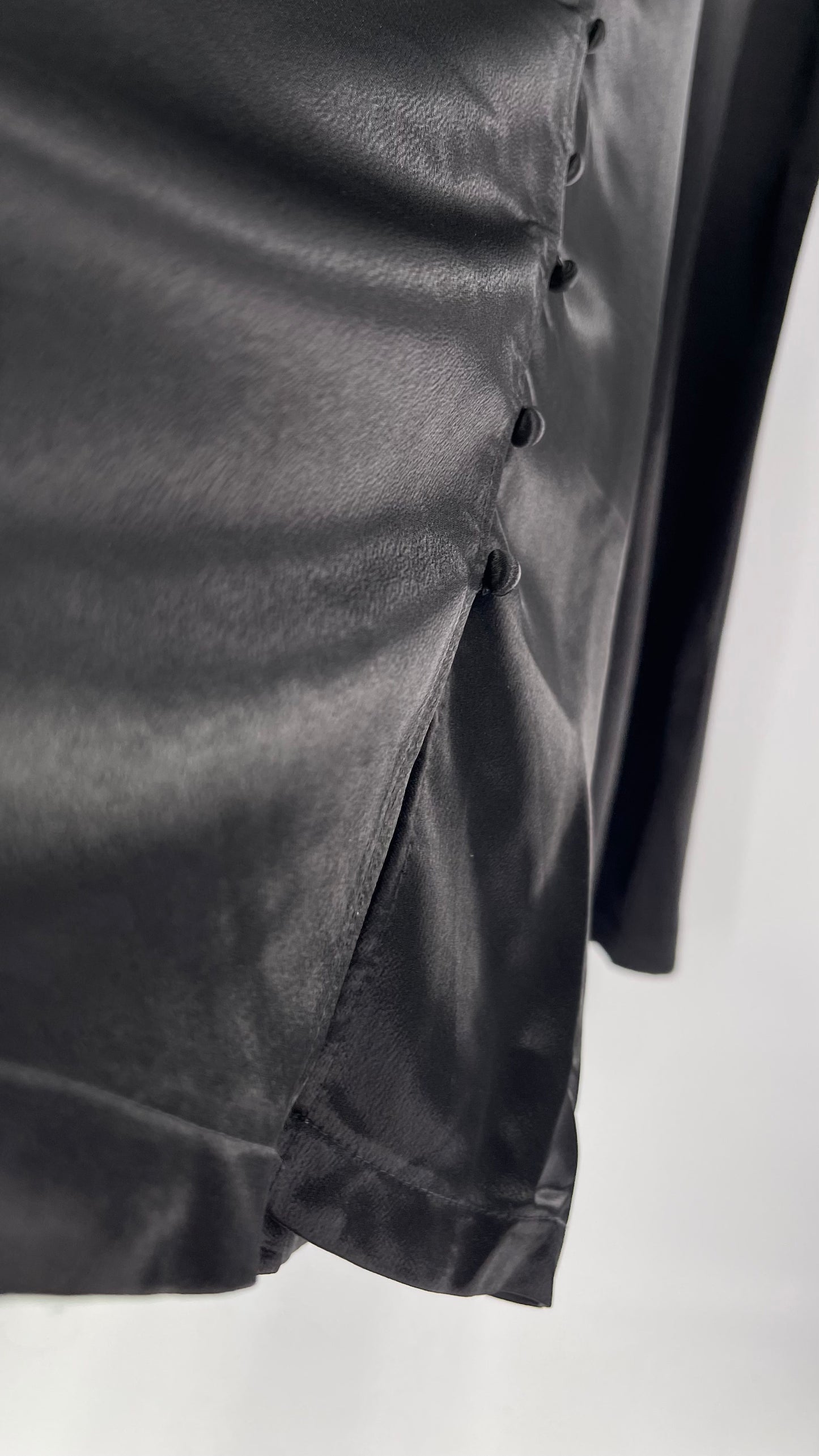WHY Sultry Steps Black Satin Wide Leg Trouser with Vertical Strip of Satin Buttons (Medium)