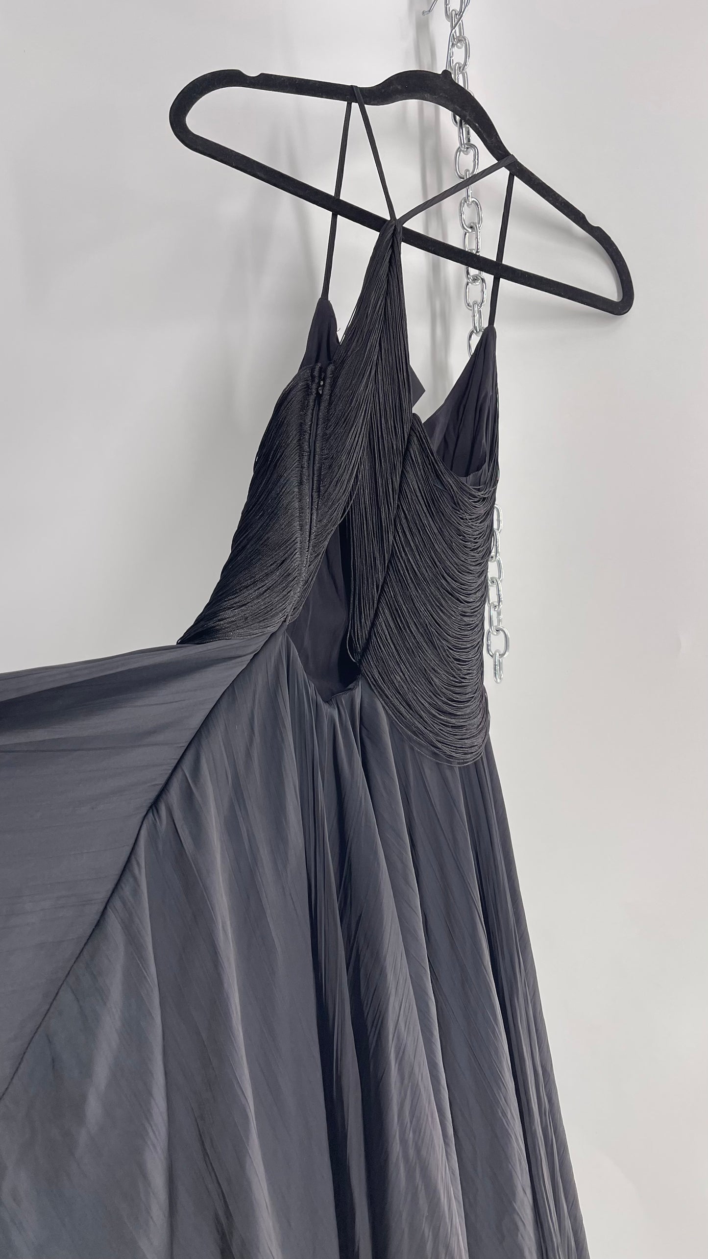 Anthropologie Black Handkerchief Hem Midi Dress with Heavy Draped Rope Bodice (4)